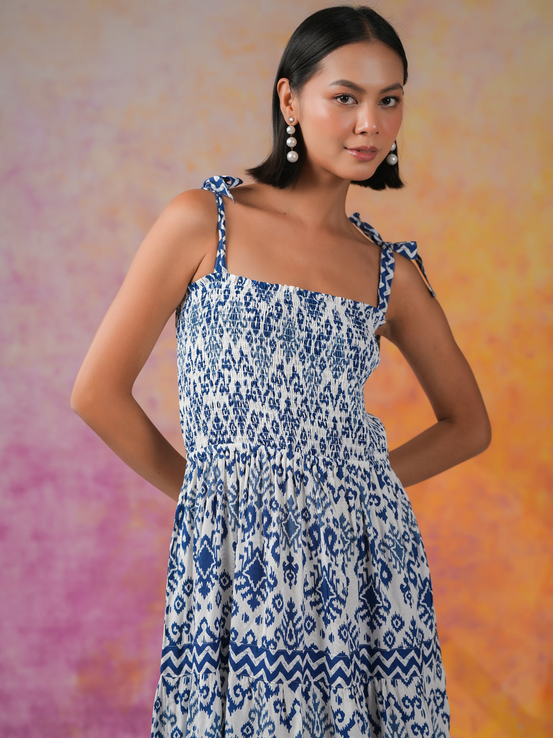 Blue Printed Square Neck Dress for Women