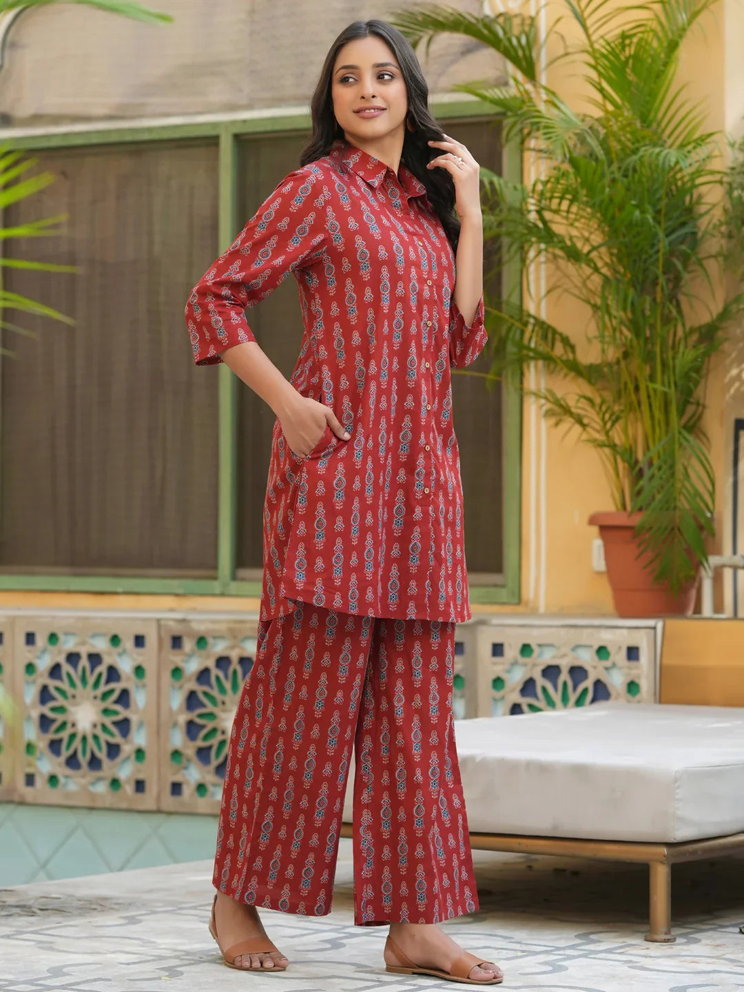 Red pure cotton co-ord set - SanskrutiHomes