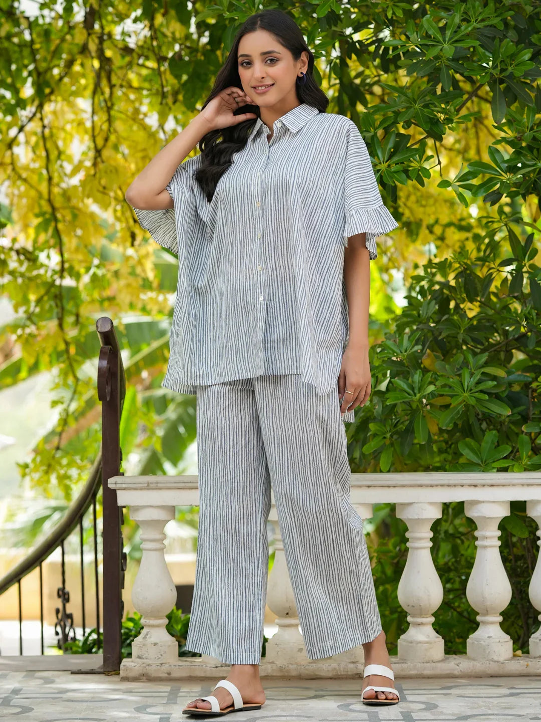 Grey stripes loose fit cotton Night Suit Set - SanskrutiHomes