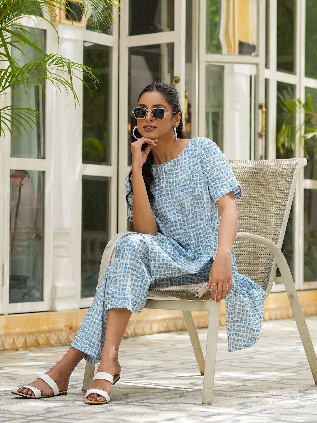 Blue checks loose fit printed pure cotton night suit set