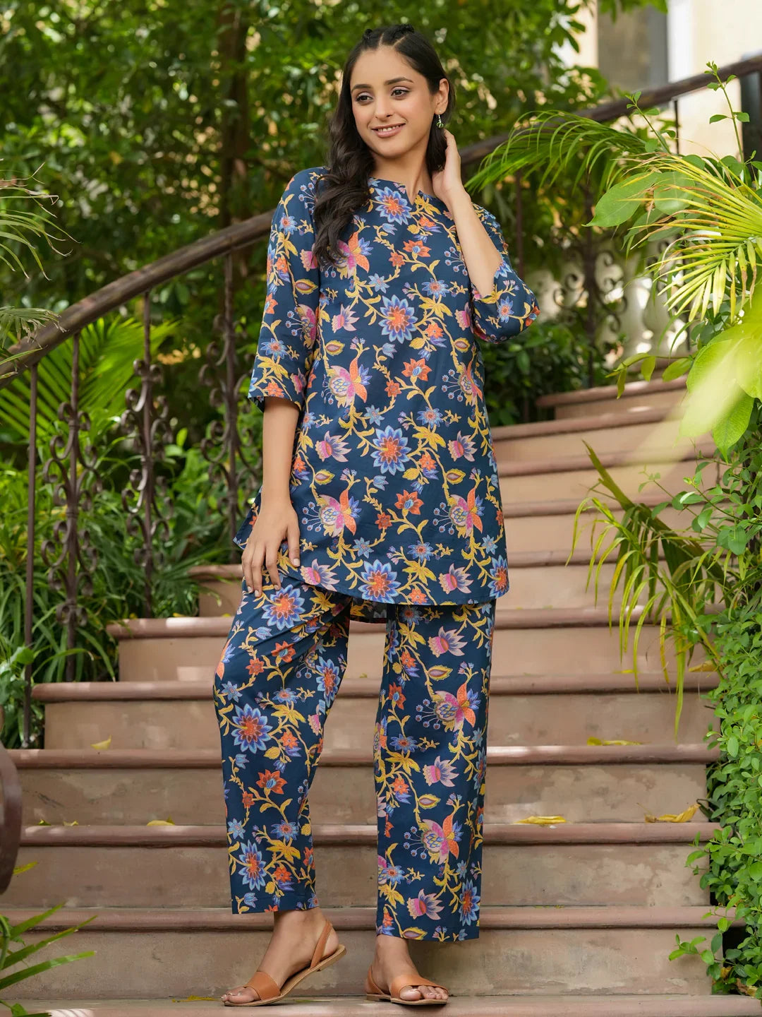 Blue cotton printed loungewear set - SanskrutiHomes