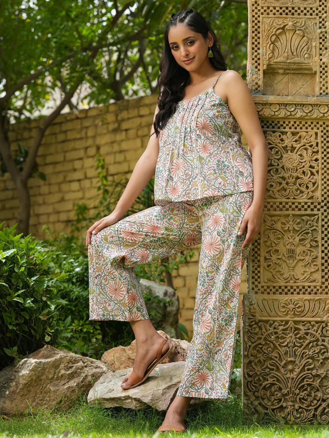 STEP Green Floral Printed cotton co-ord set - SanskrutiHomes