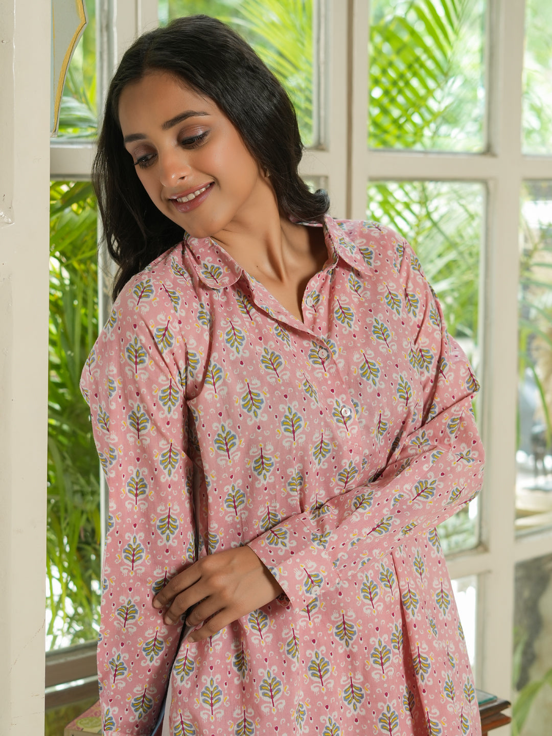 Pink Floral loose fit Printed cotton Night Suit Set