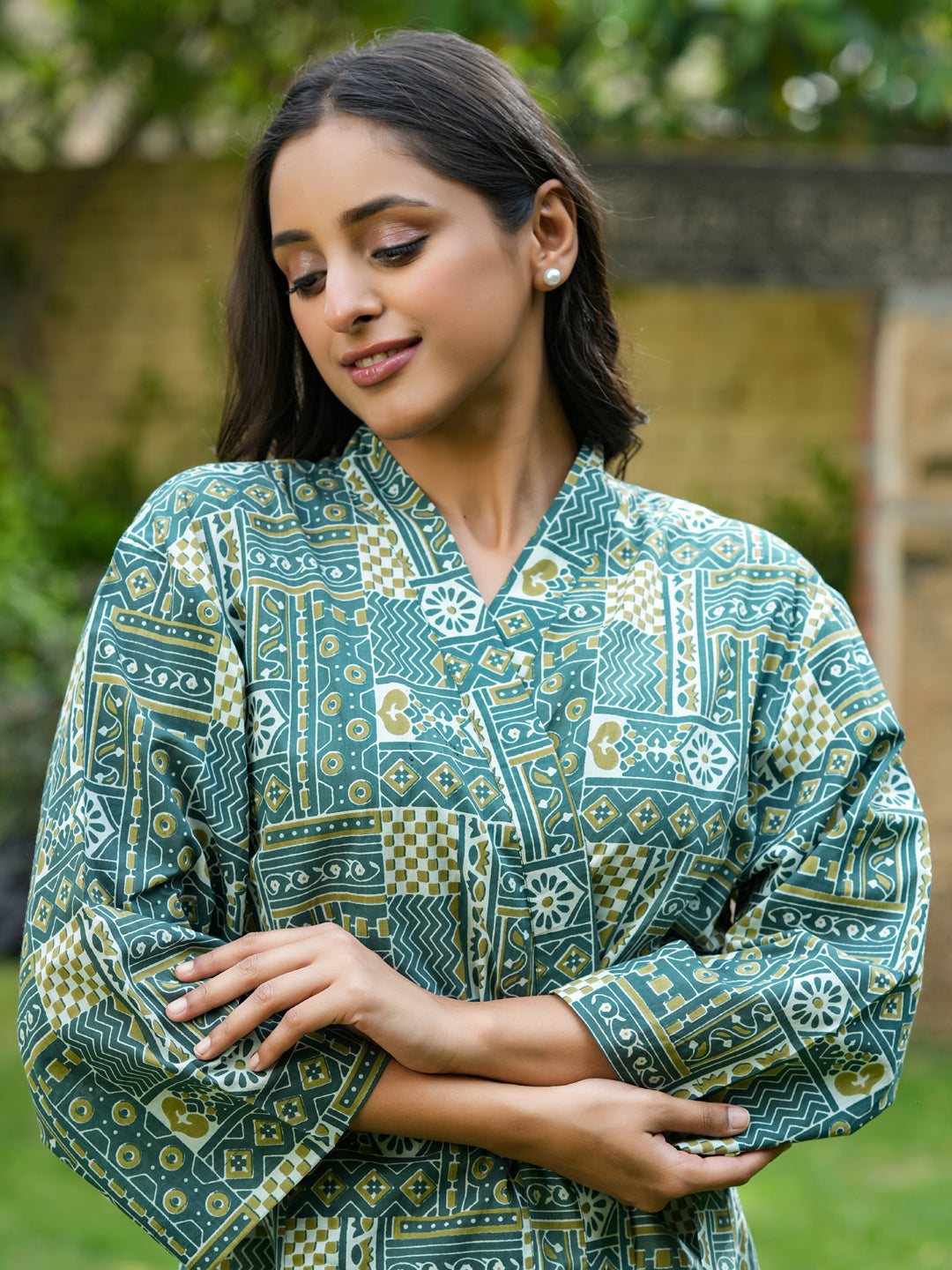 Green Cotton printed kimono robe - SanskrutiHomes