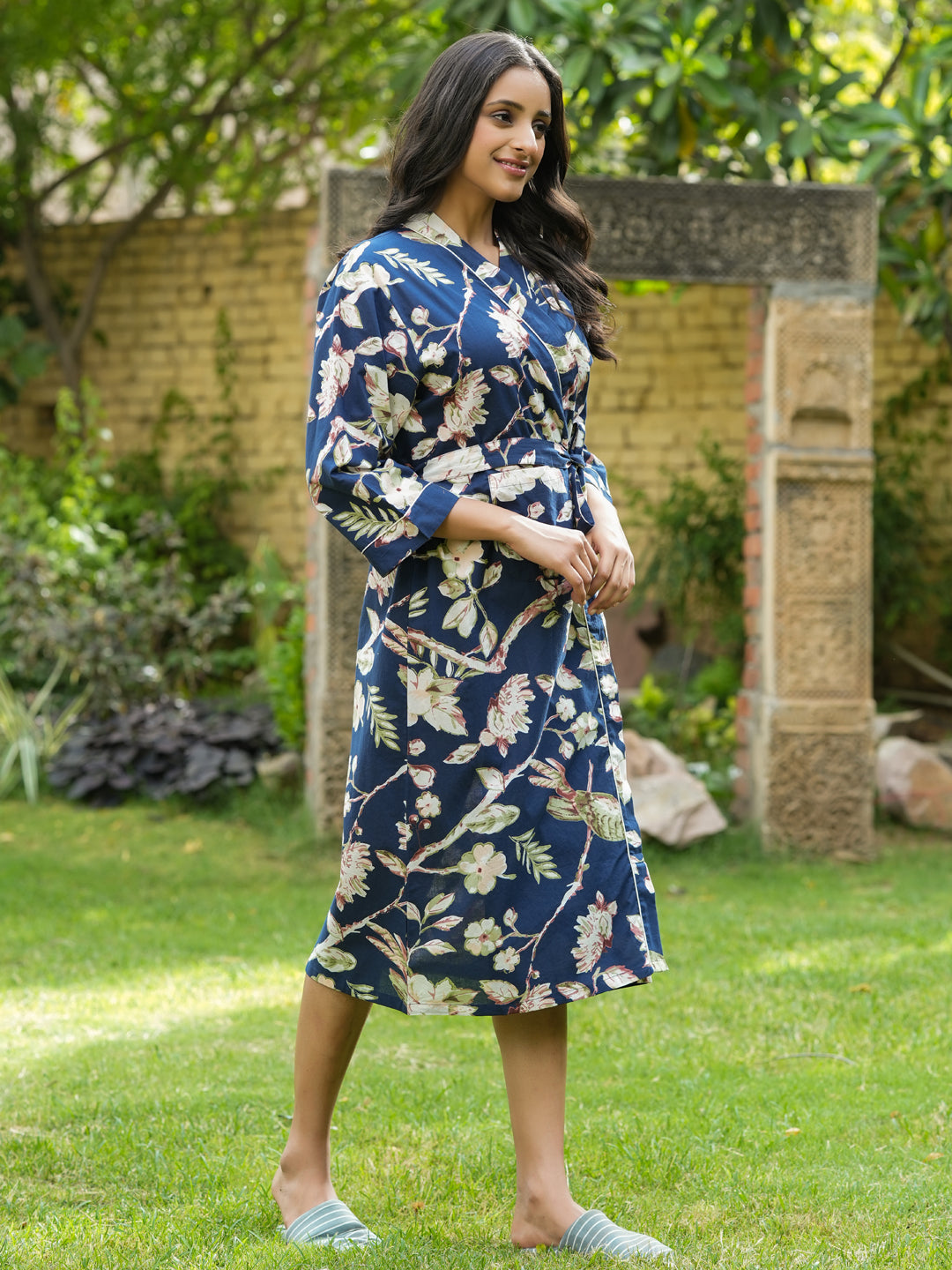 Navy blue Cotton printed kimono robe
