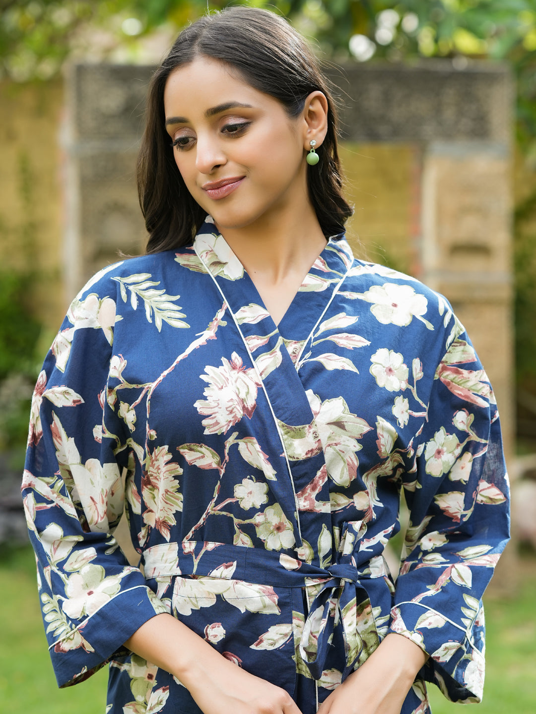 Navy blue Cotton printed kimono robe