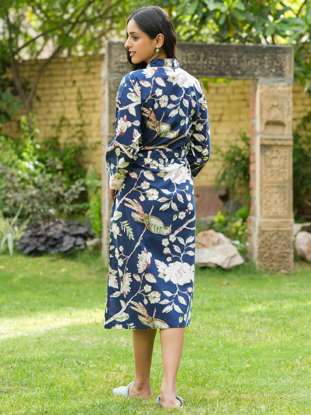 Navy blue Cotton printed kimono robe