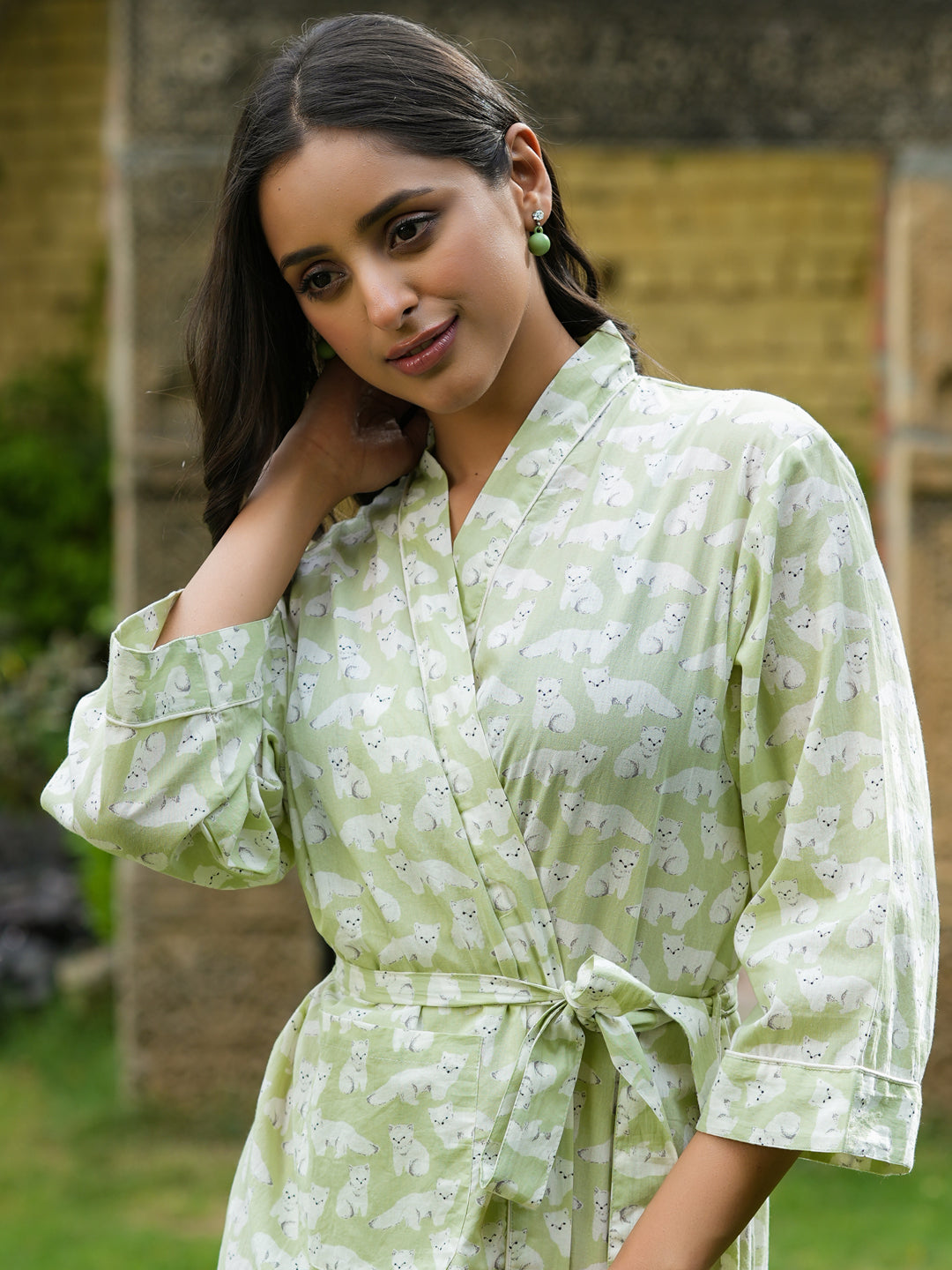 Green Cotton printed kimono robe - SanskrutiHomes