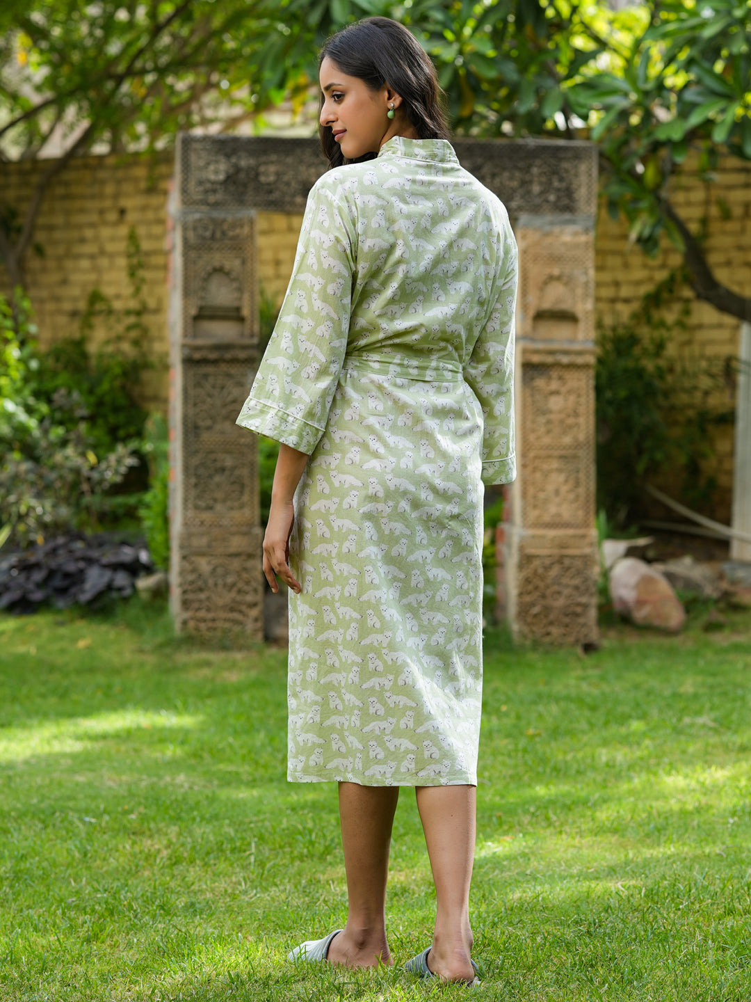 Green Cotton printed kimono robe - SanskrutiHomes