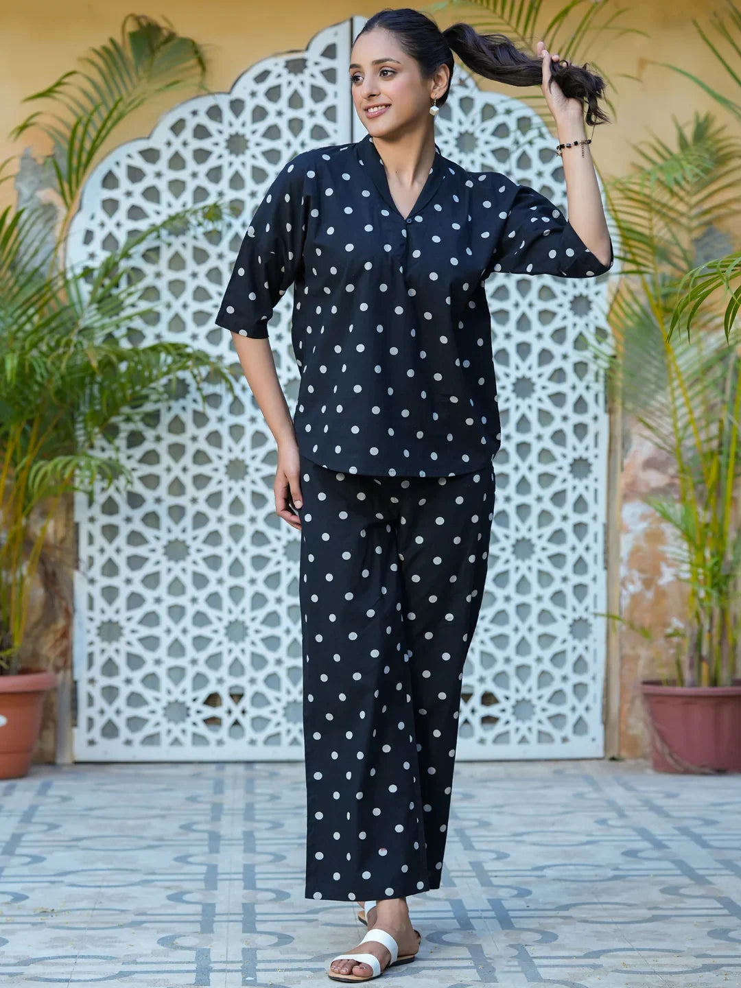 Black polka dot cotton Night Suit Set - SanskrutiHomes