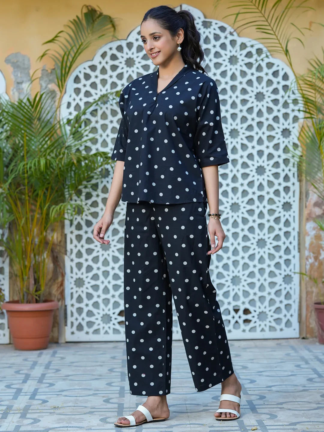 Black polka dot cotton Night Suit Set - SanskrutiHomes