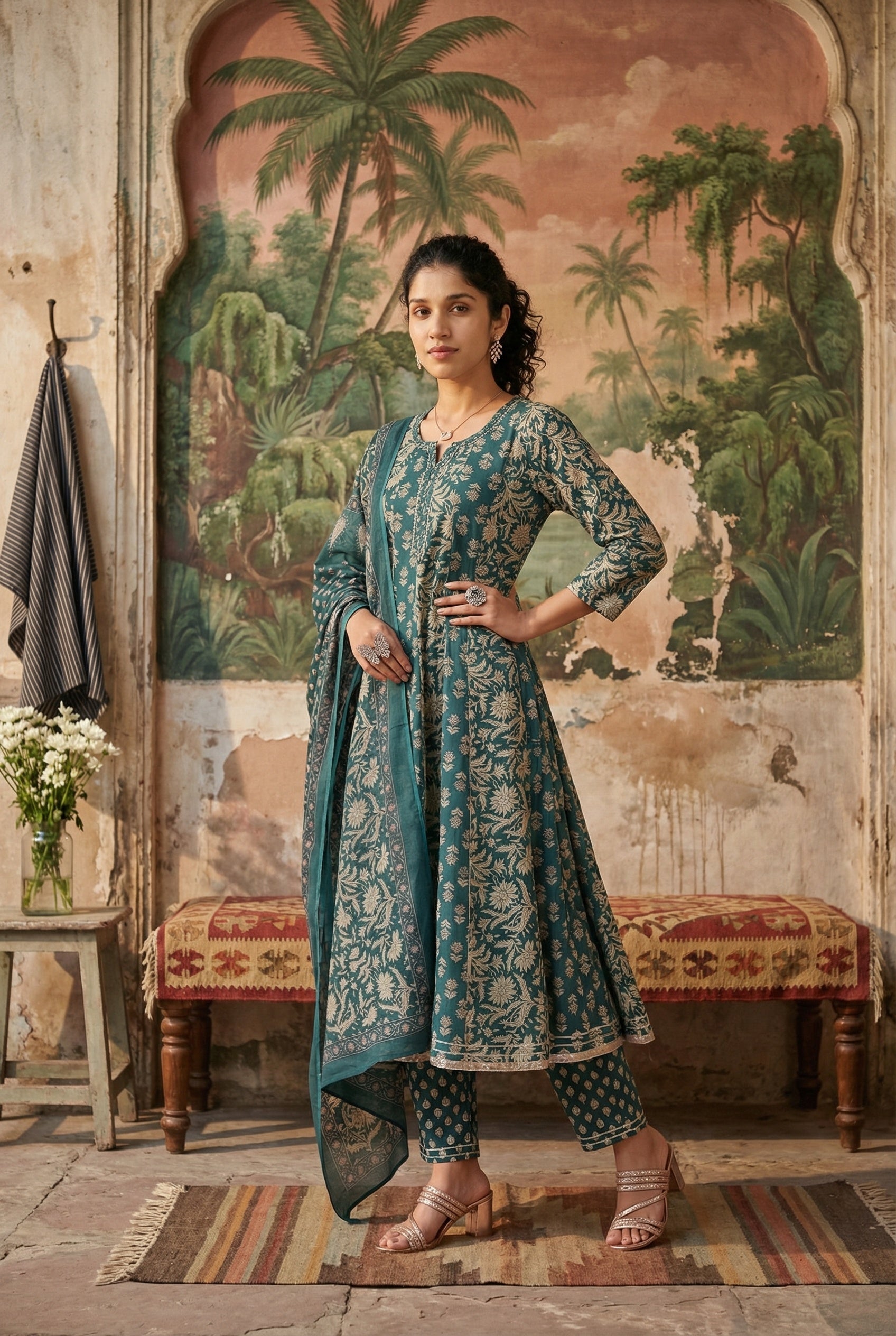 Teal Color Floral Print Round Neck Flared Pure Cotton Kurta Set For Women
