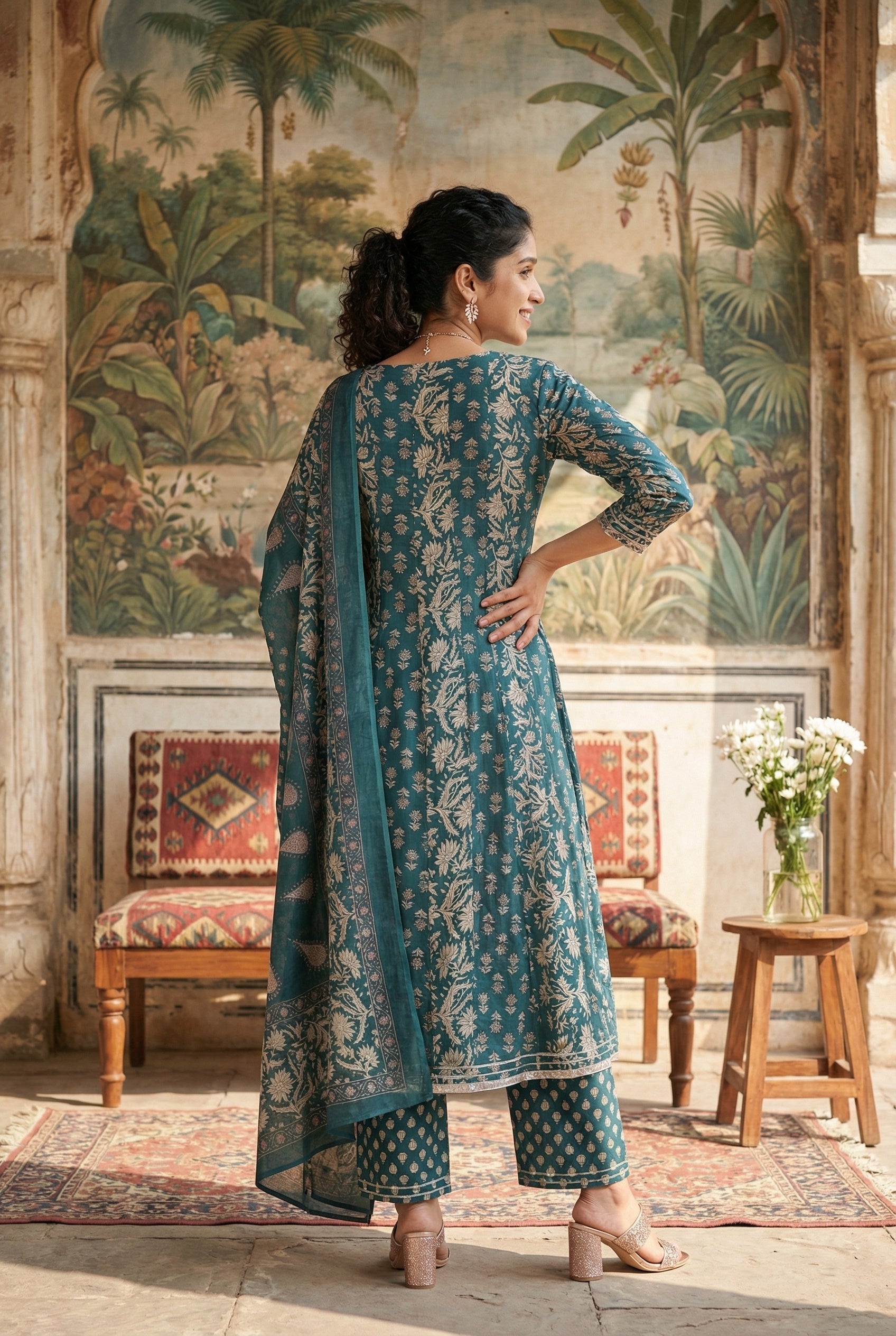 Teal Color Floral Print Round Neck Flared Pure Cotton Kurta Set For Women