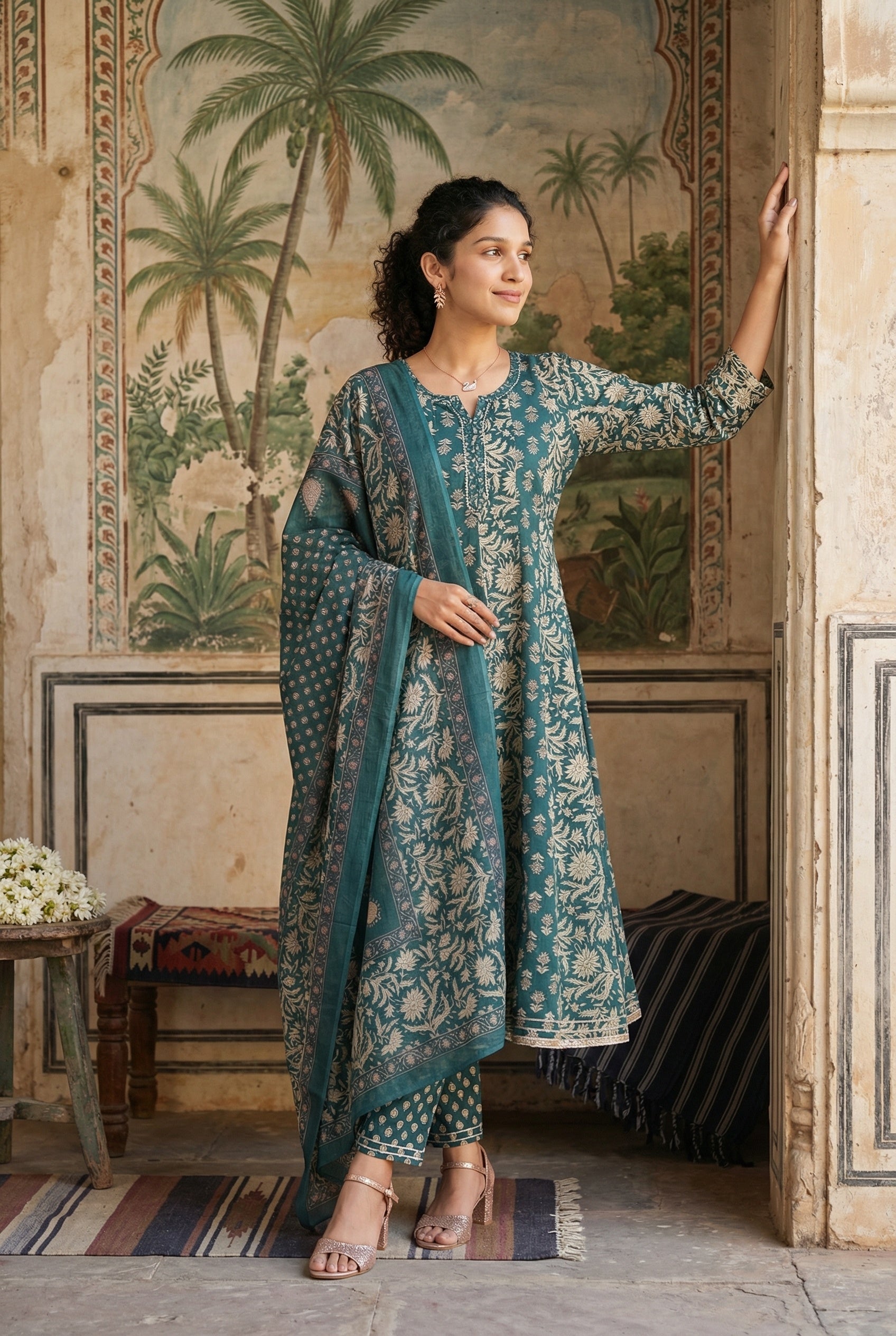 Teal Color Floral Print Round Neck Flared Pure Cotton Kurta Set For Women
