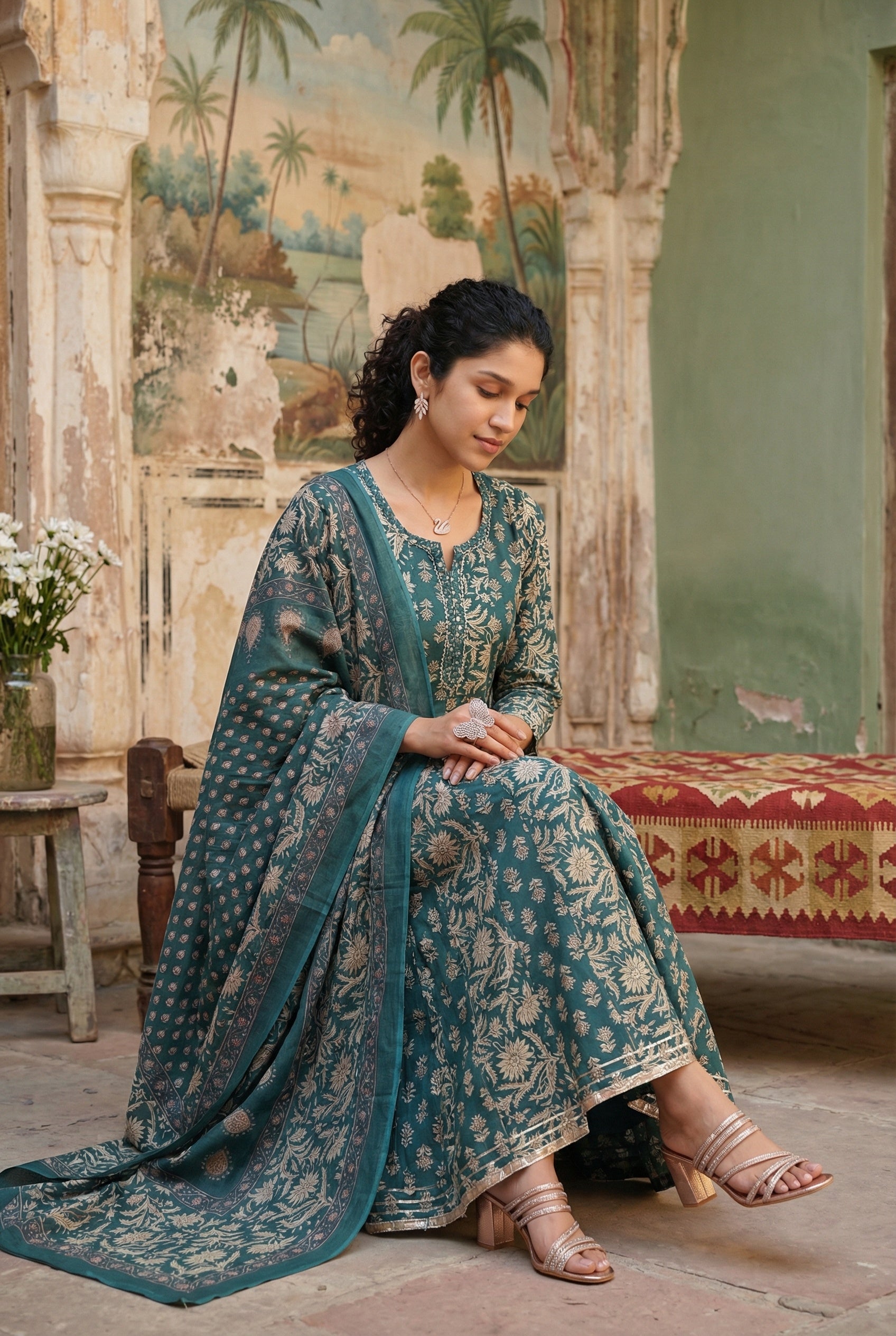 Teal Color Floral Print Round Neck Flared Pure Cotton Kurta Set For Women