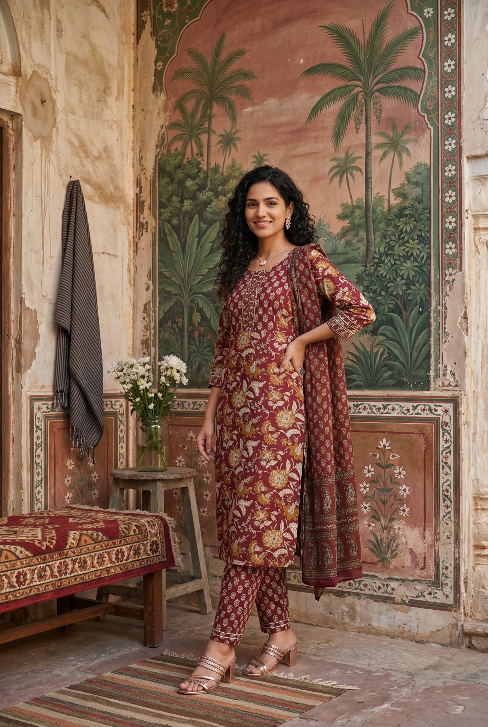 Maroon Color Round Neck Straight Printed Pure Cotton Kurta Set For Women