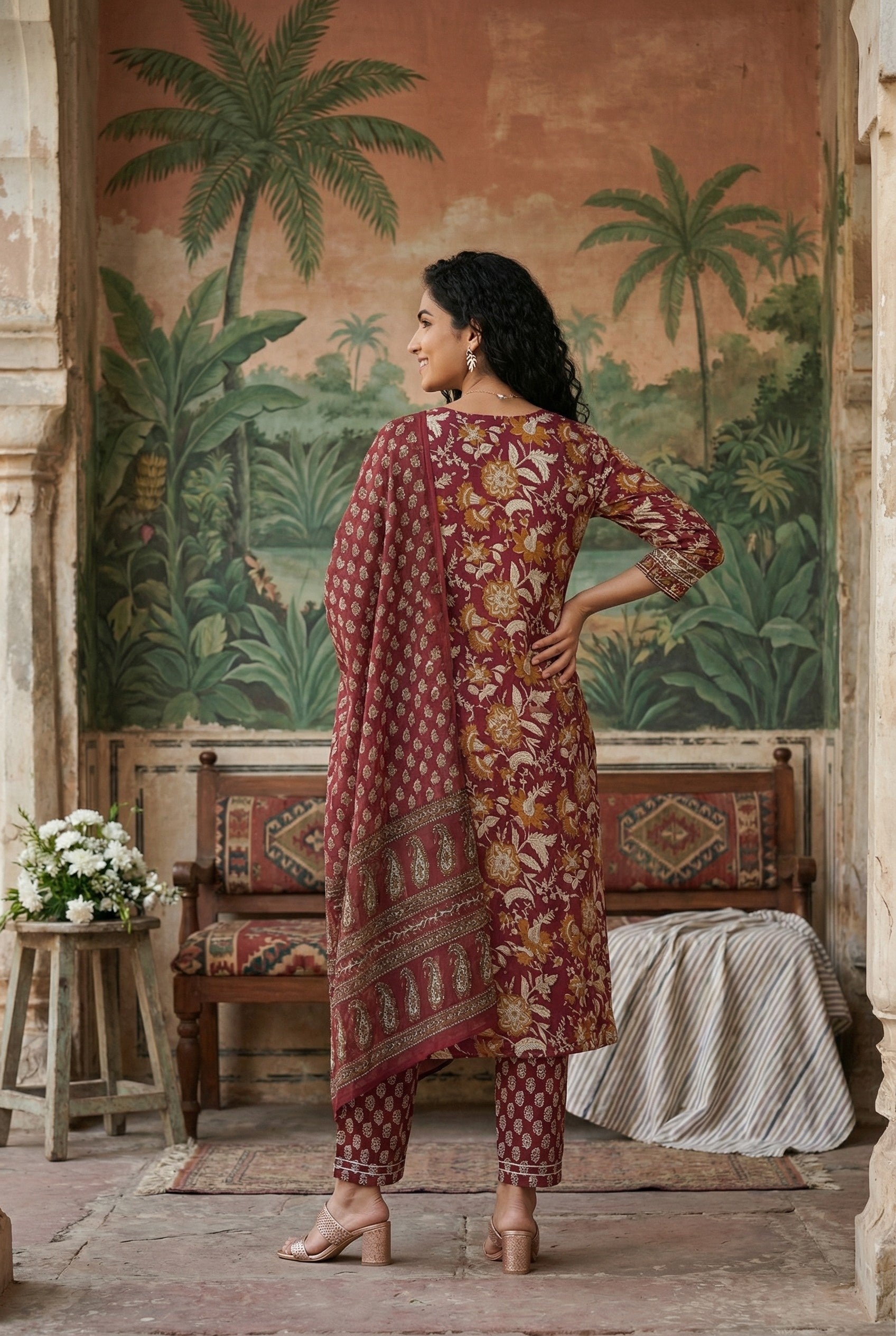 Maroon Color Round Neck Straight Printed Pure Cotton Kurta Set For Women