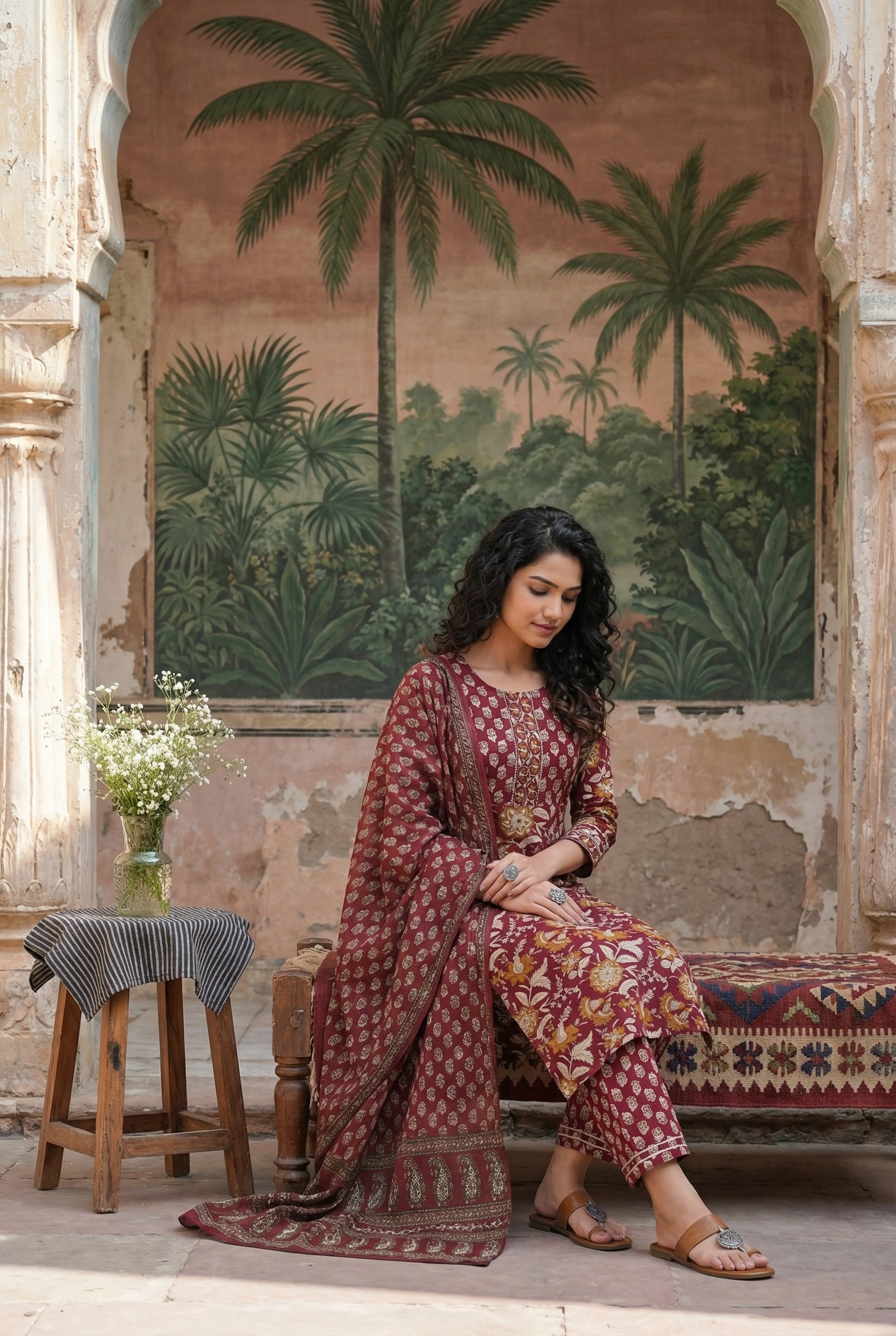 Maroon Color Round Neck Straight Printed Pure Cotton Kurta Set For Women