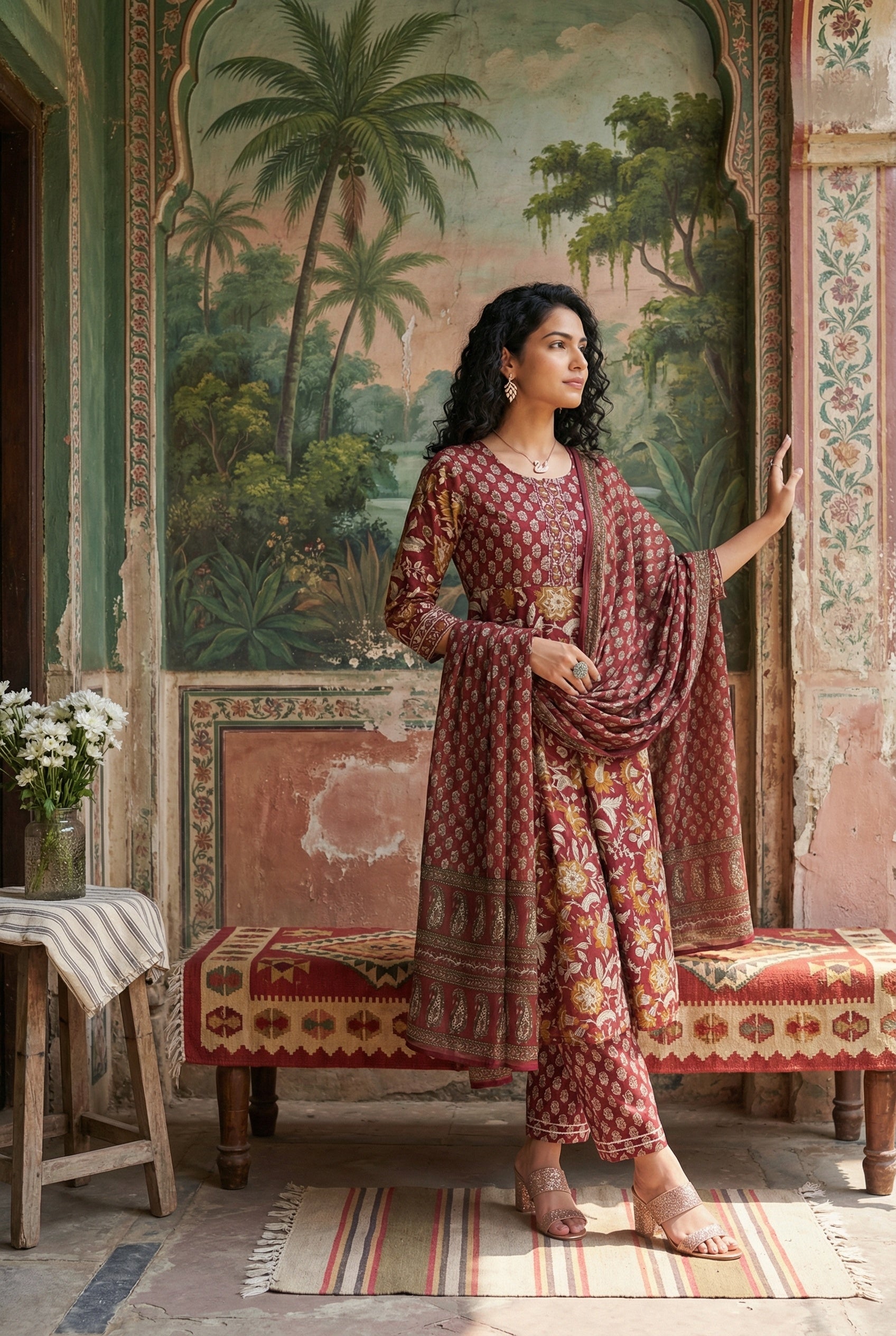 Maroon Color Round Neck Straight Printed Pure Cotton Kurta Set For Women