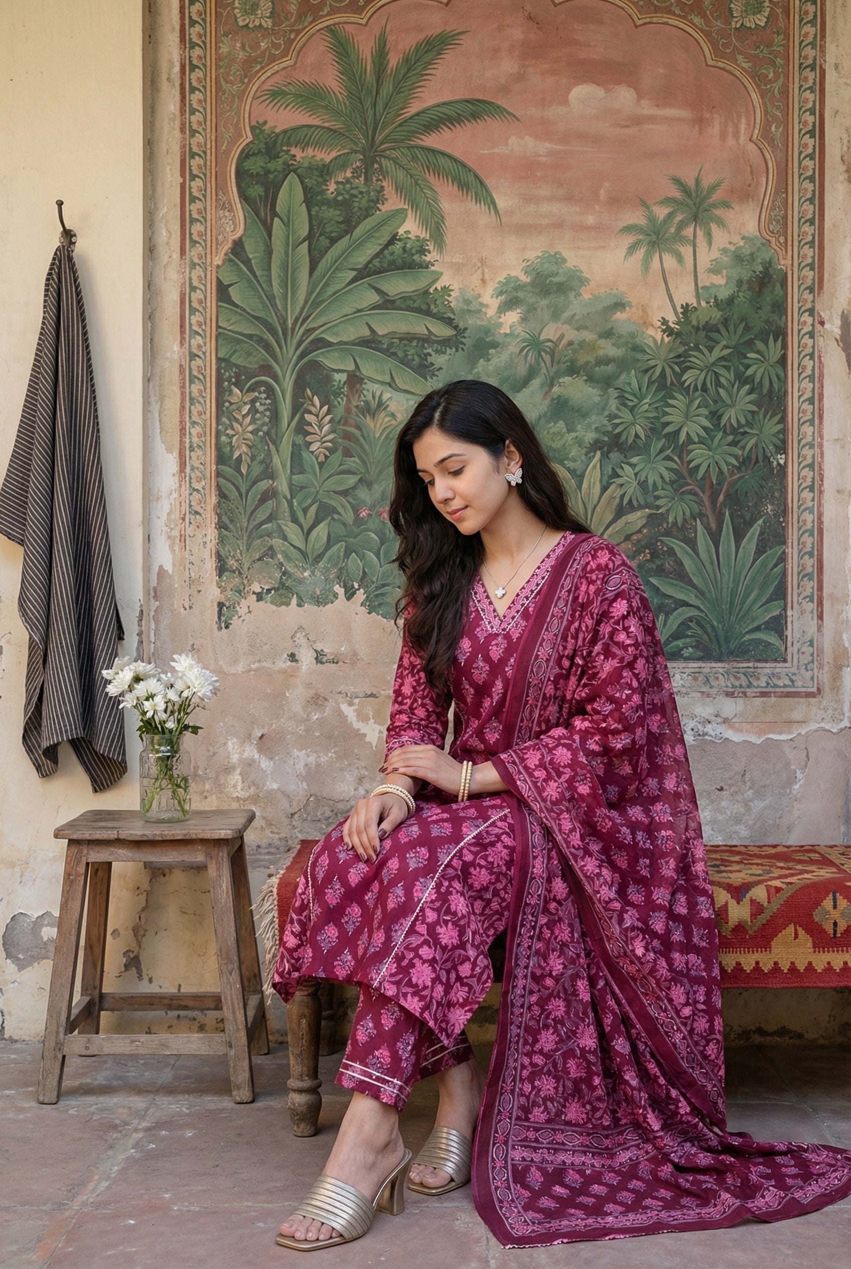 Pink Floral V-Neck Gotta Patti Pure Cotton Kurta Set For Women
