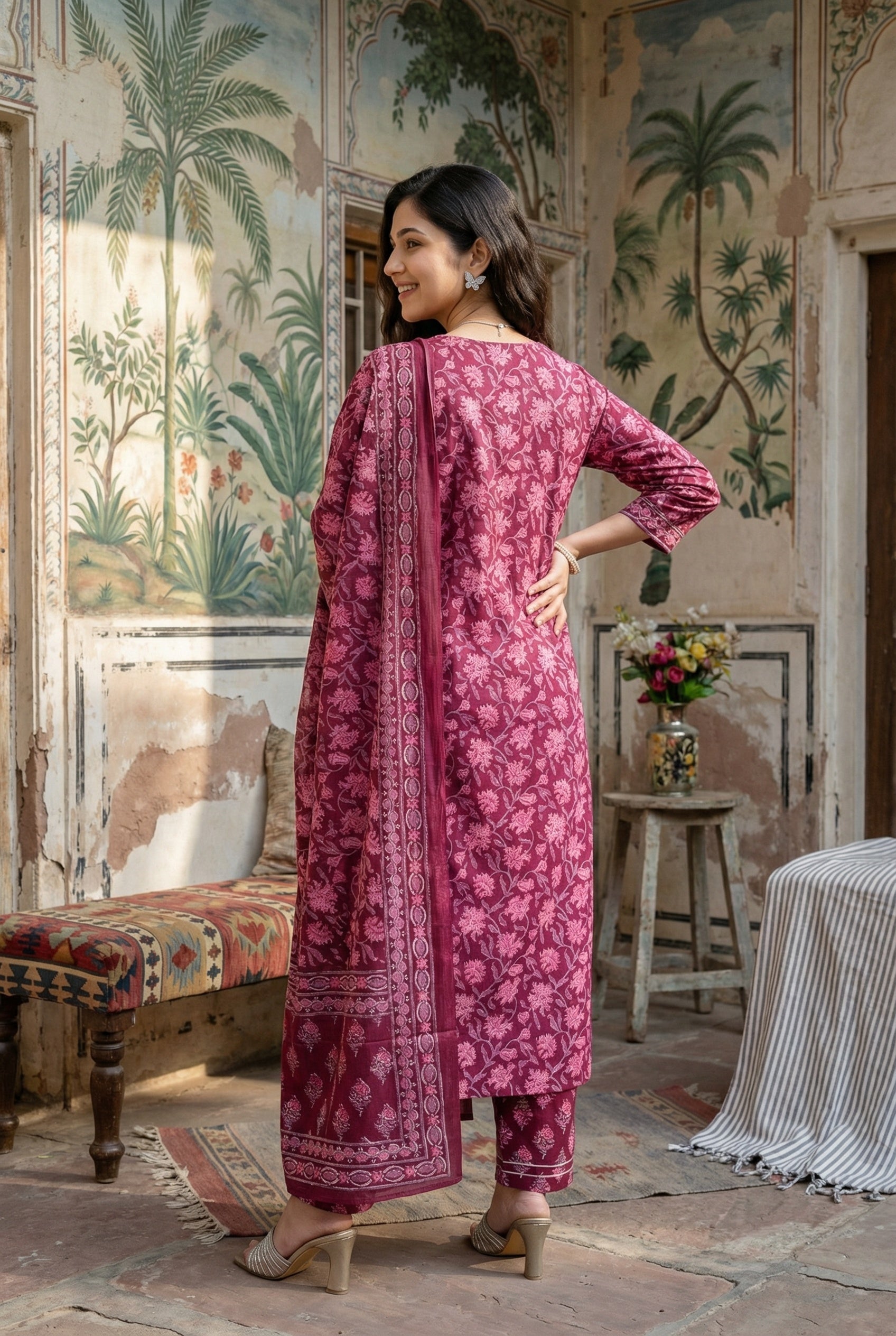Pink Floral V-Neck Gotta Patti Pure Cotton Kurta Set For Women