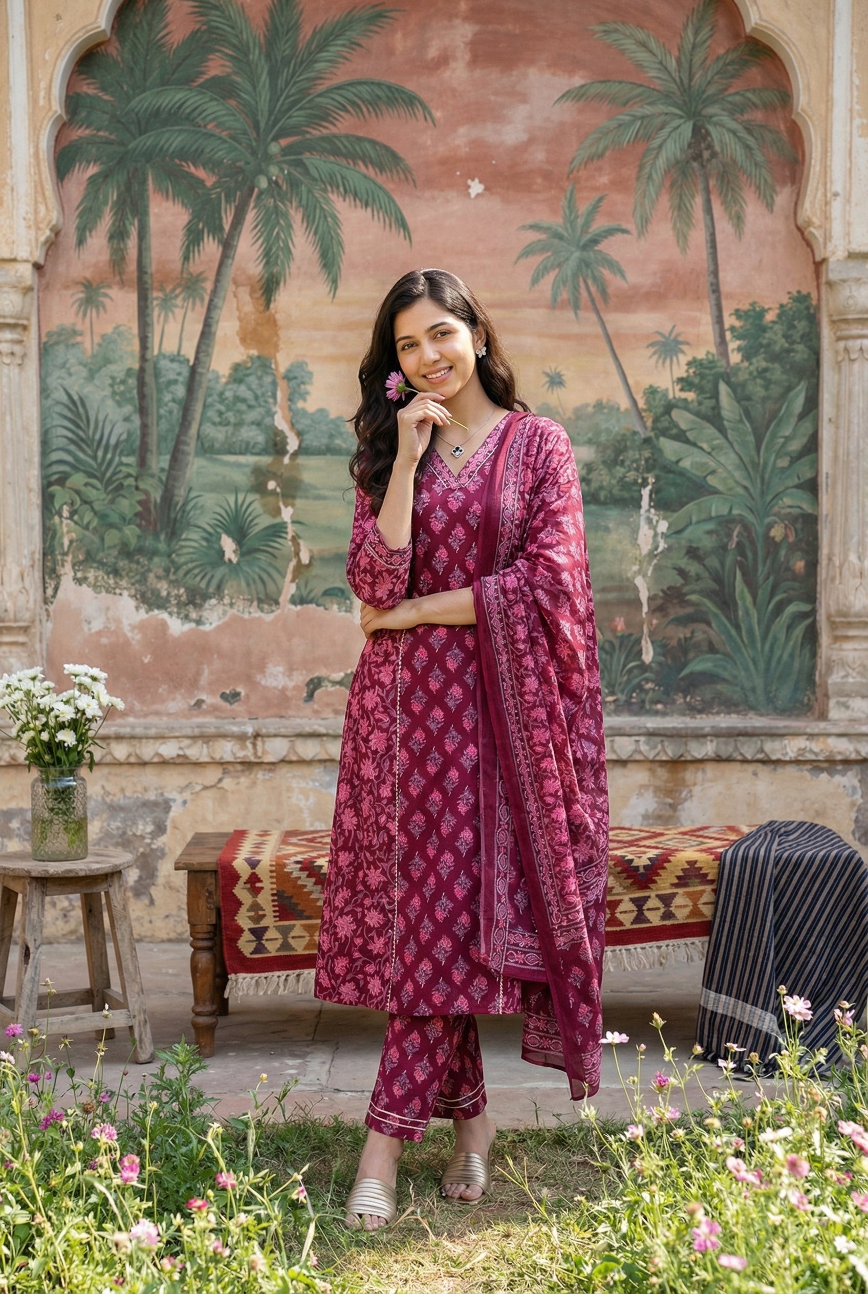 Pink Floral V-Neck Gotta Patti Pure Cotton Kurta Set For Women