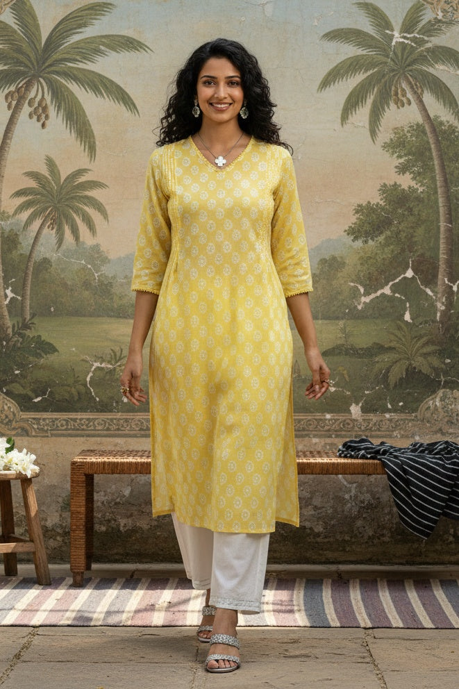 Yellow V-Neck Straight Printed Cotton Kurta For Women