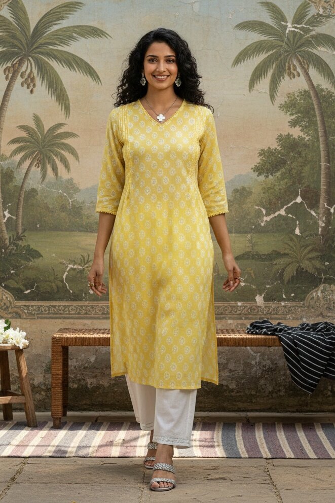 Yellow V-Neck Ethnic Motifs Straight Cotton Kurta For Women