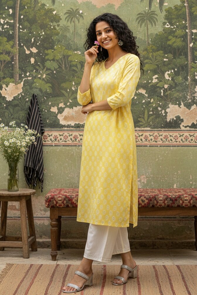 Yellow V-Neck Ethnic Motifs Straight Cotton Kurta For Women