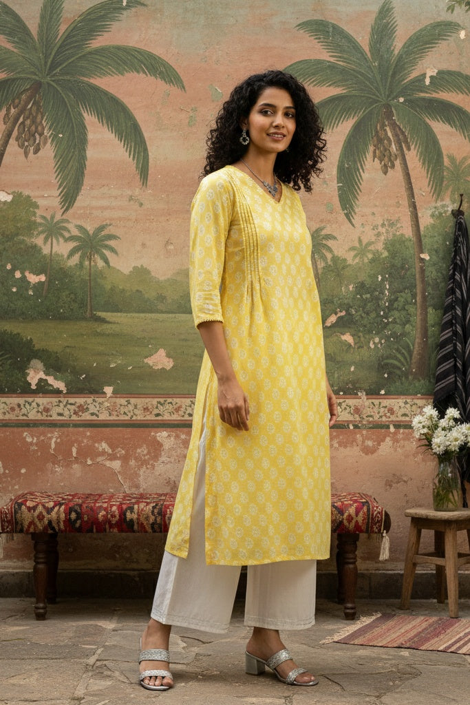 Yellow V-Neck Straight Printed Cotton Kurta For Women