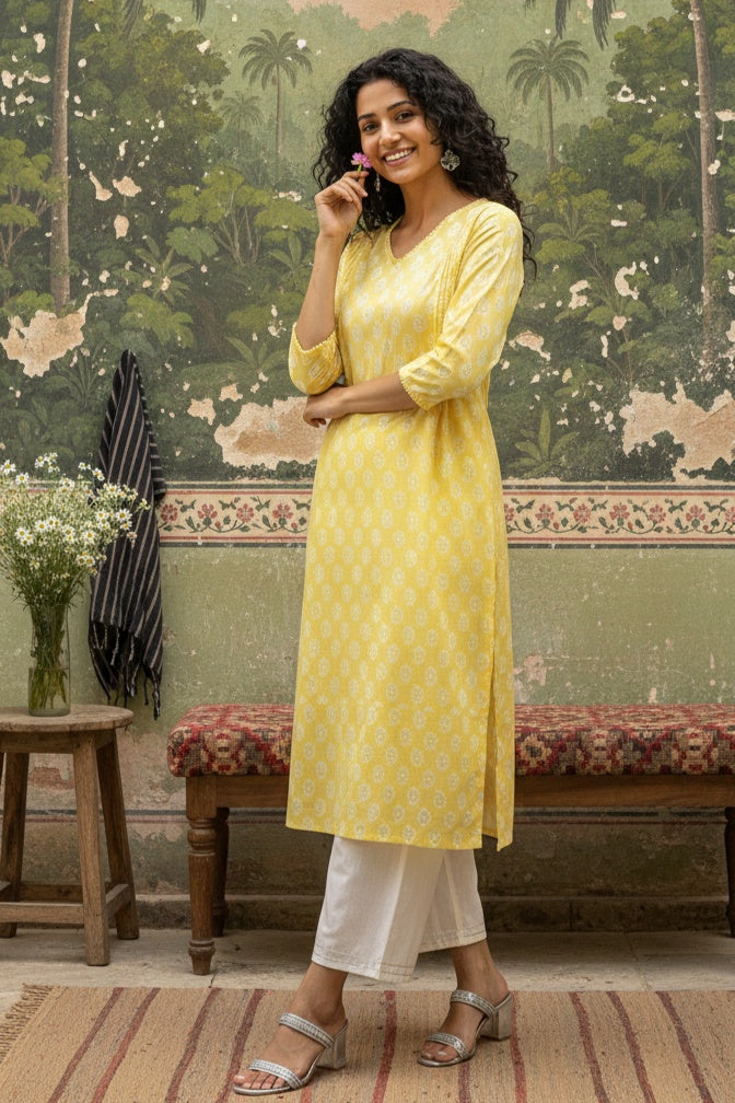 Yellow V-Neck Straight Printed Cotton Kurta For Women