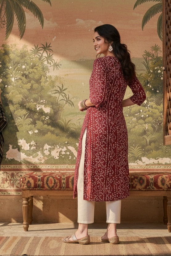 Red Round Neck Bandhani Print Cotton Kurta For Women