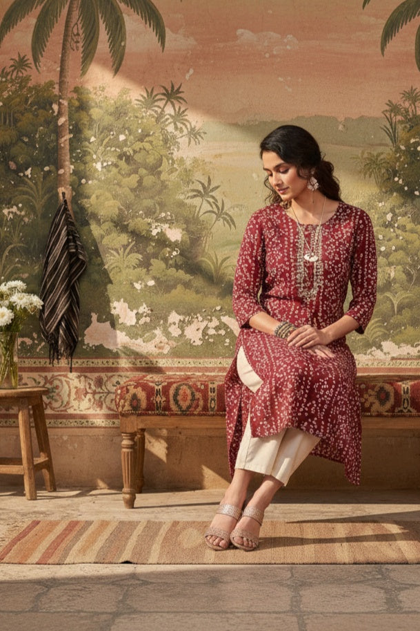 Red Round Neck Bandhani Print Cotton Kurta For Women