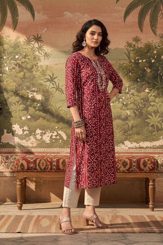 Red Round Neck Bandhani Print Cotton Kurta For Women
