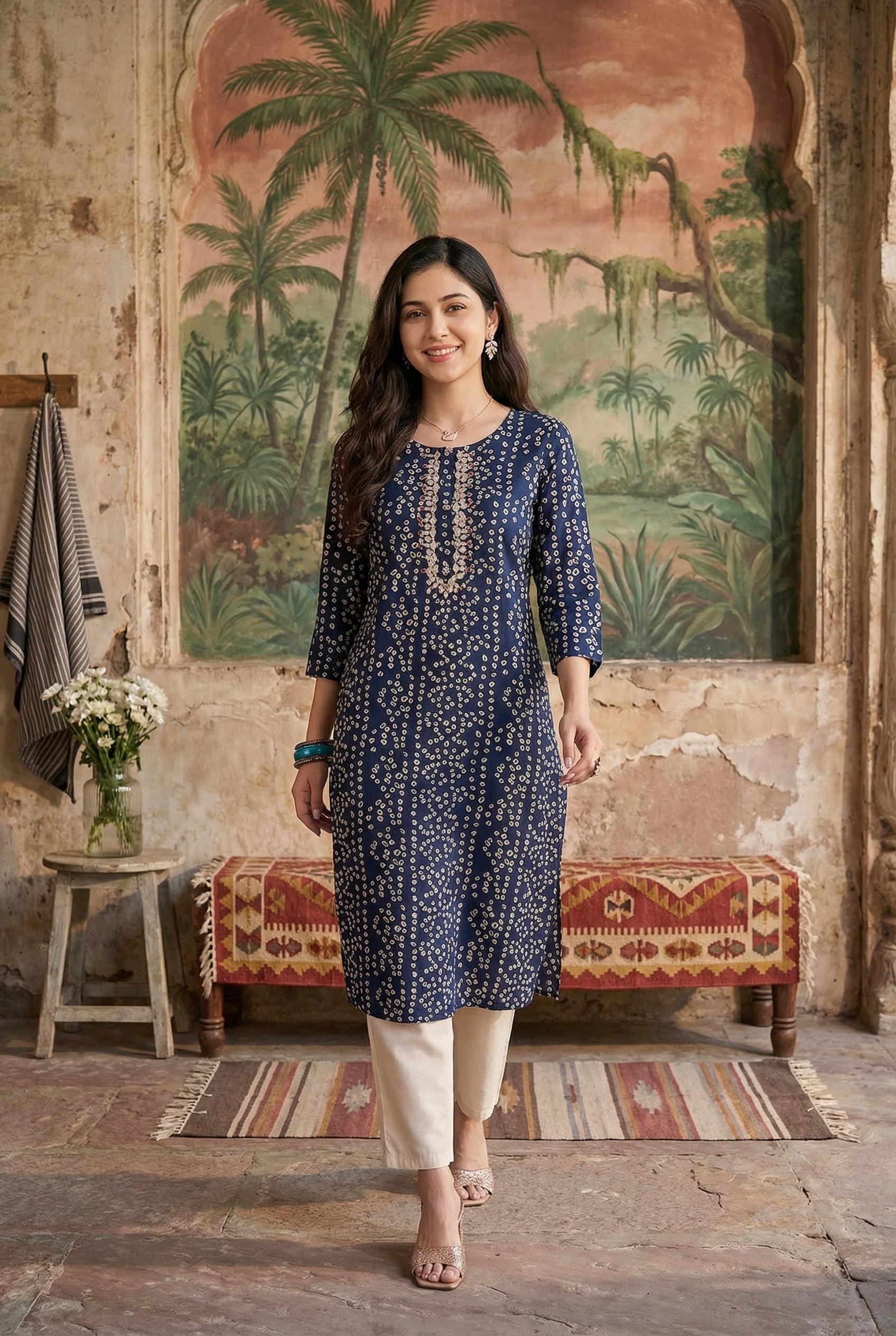 Blue Round Neck Bandhani Print Cotton Kurta For Women