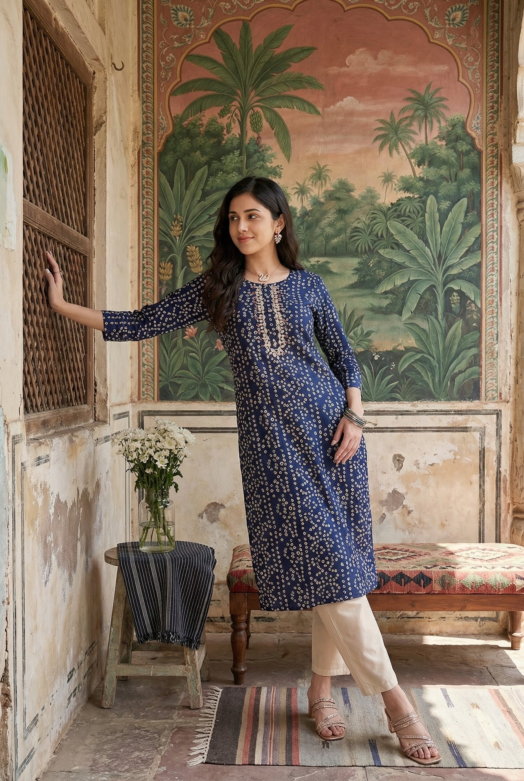Blue Round Neck Bandhani Print Cotton Kurta For Women
