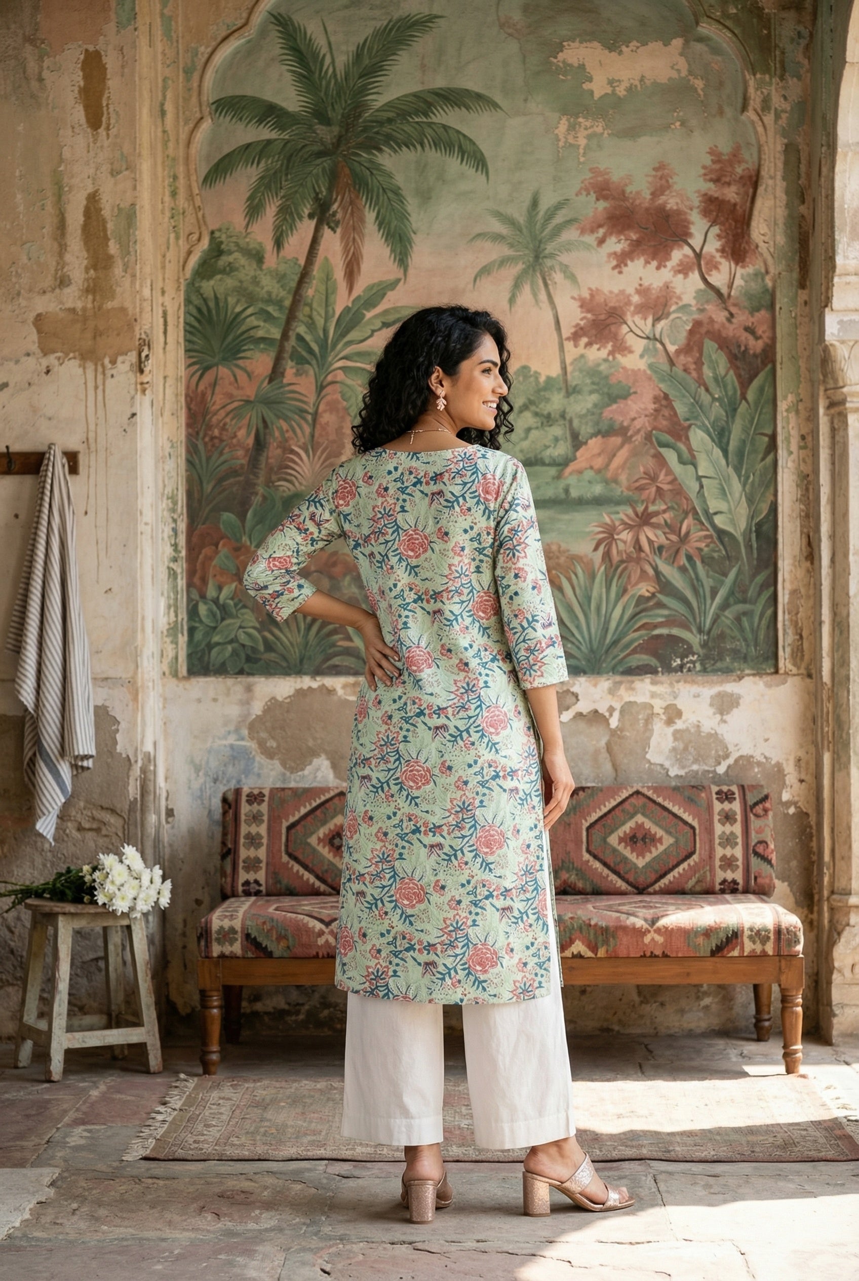 Green Round Neck Floral Print Cotton Kurta For Women