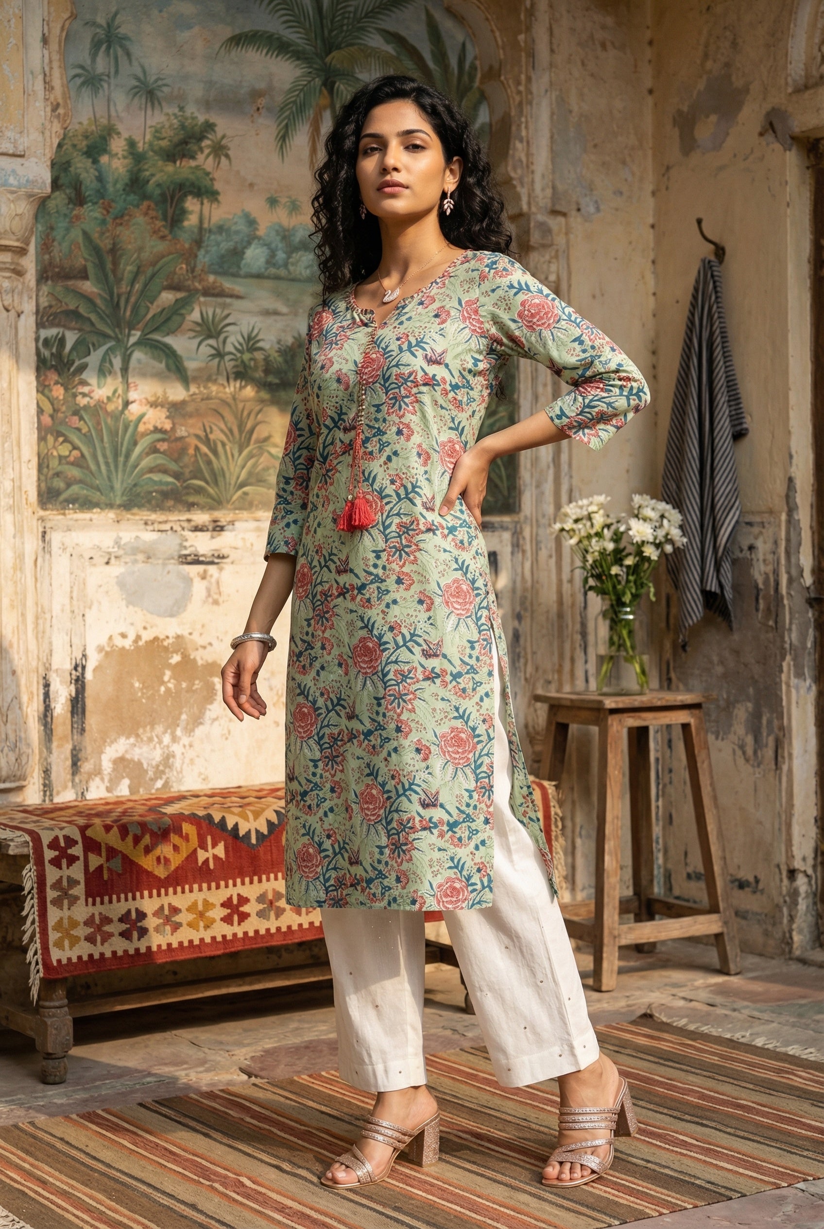 Green Round Neck Floral Print Cotton Kurta For Women
