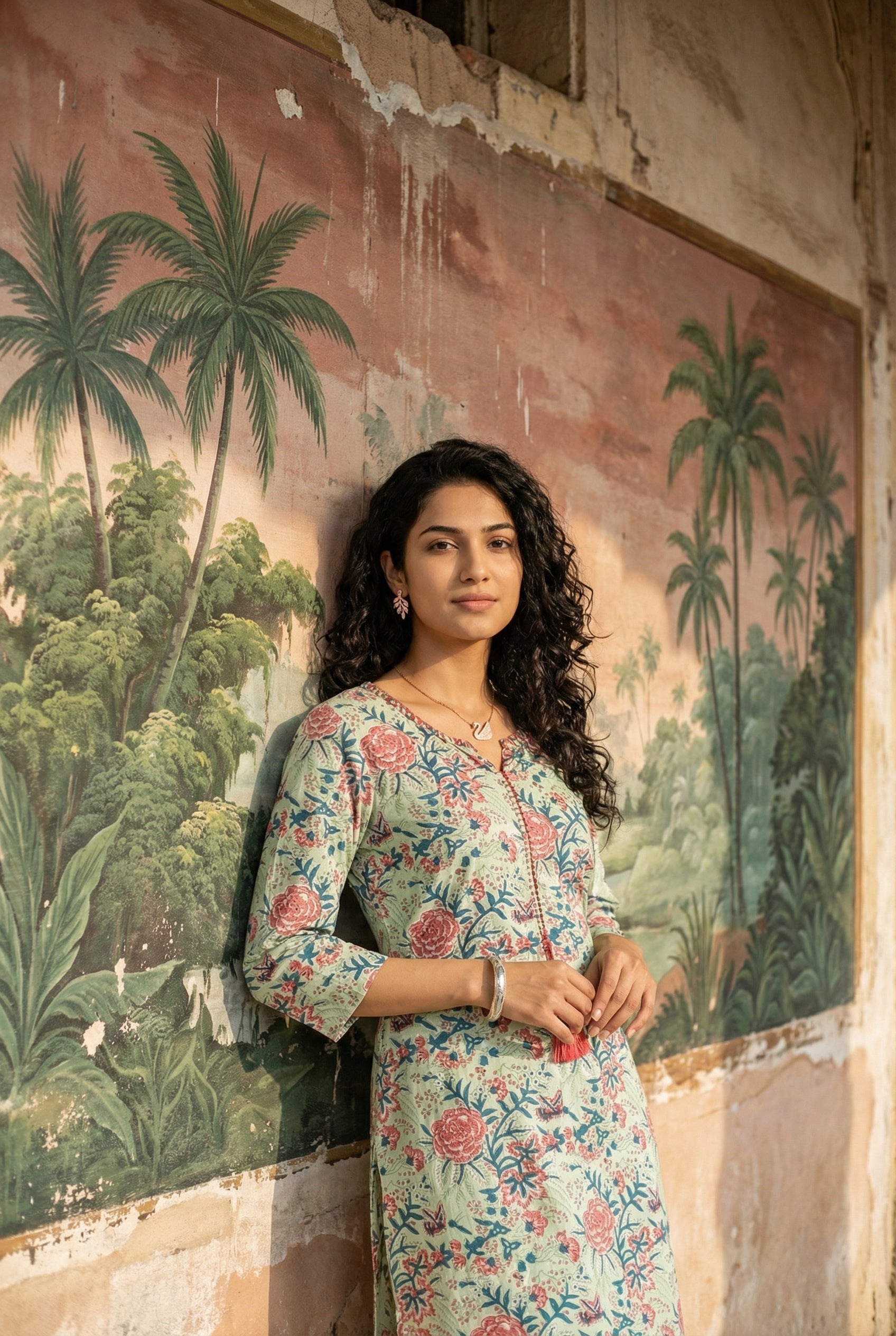 Green Round Neck Floral Print Cotton Kurta For Women