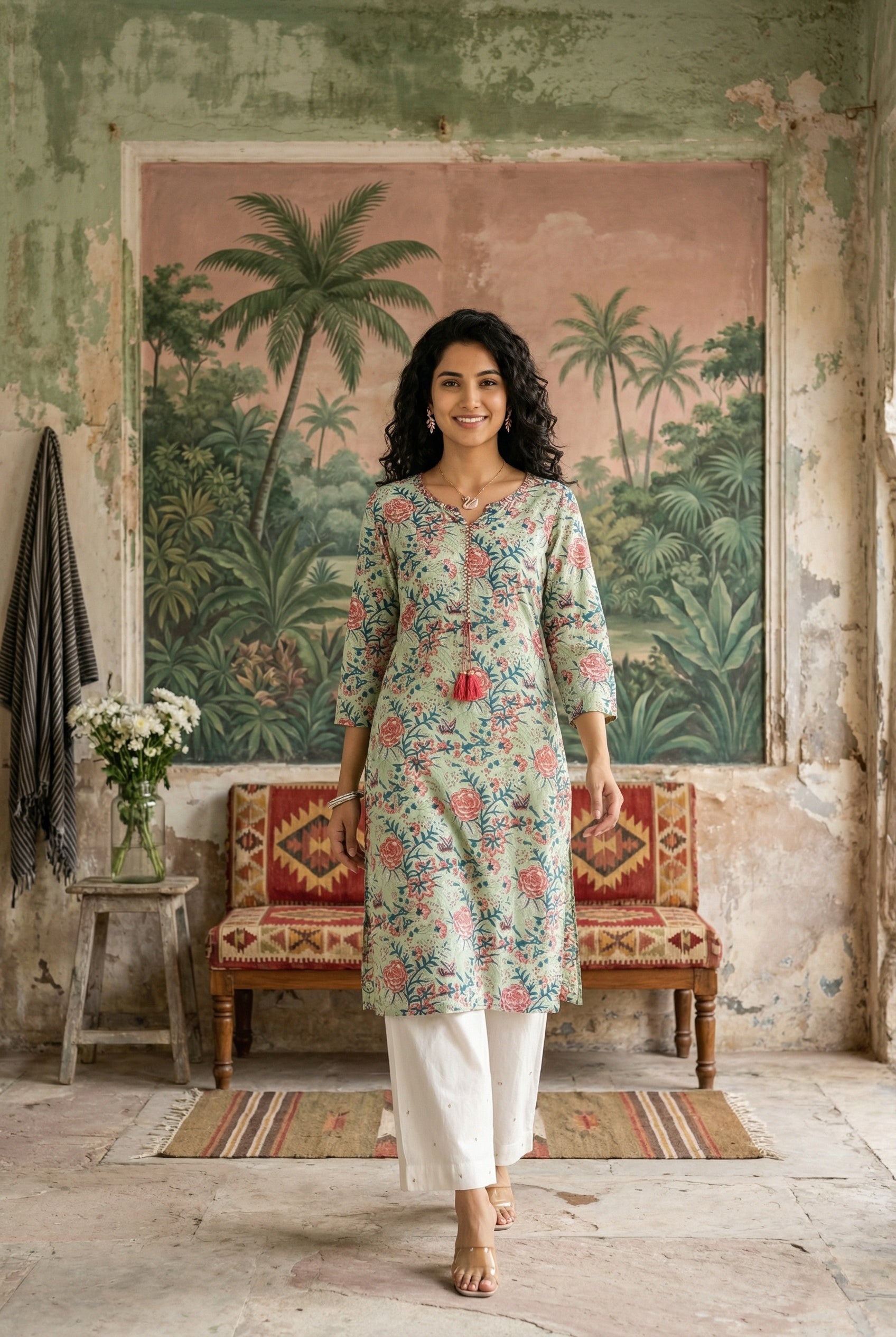 Green Round Neck Floral Print Cotton Kurta For Women