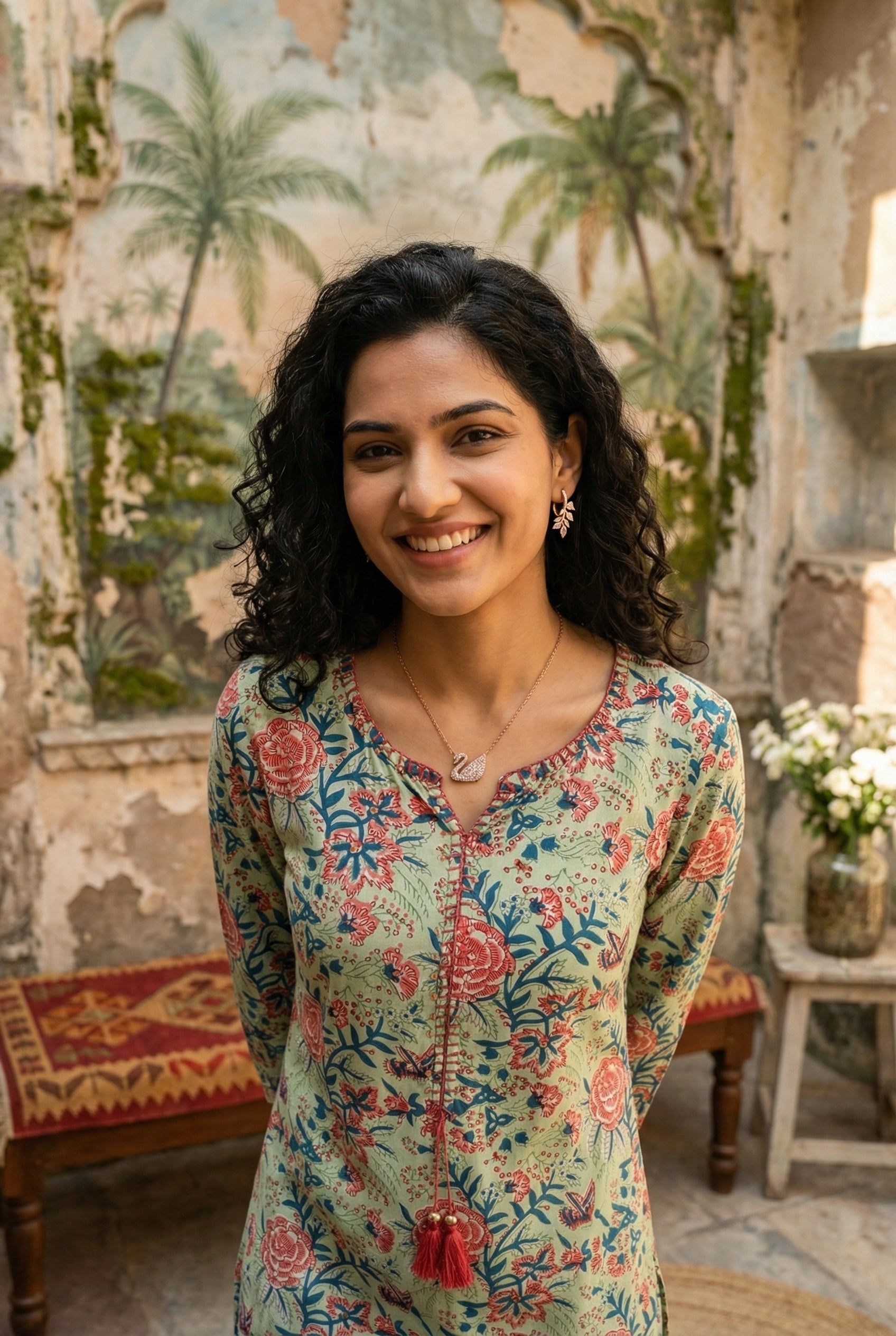 Green Round Neck Floral Print Cotton Kurta For Women