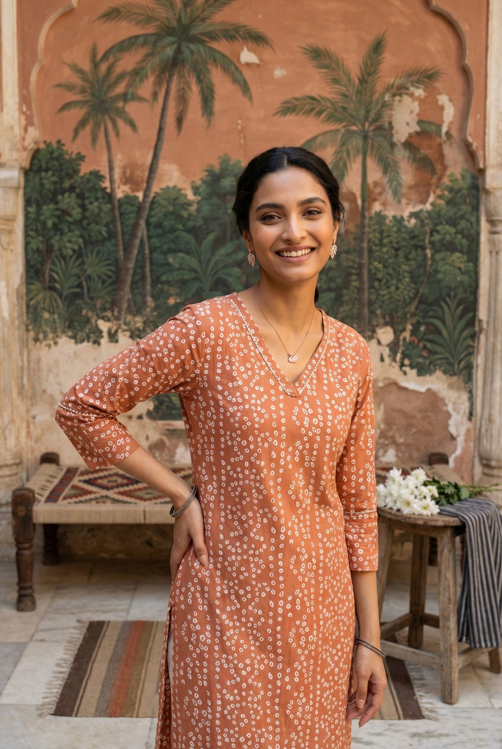 Orange V-Neck Bandhani Print Cotton Kurta For Women