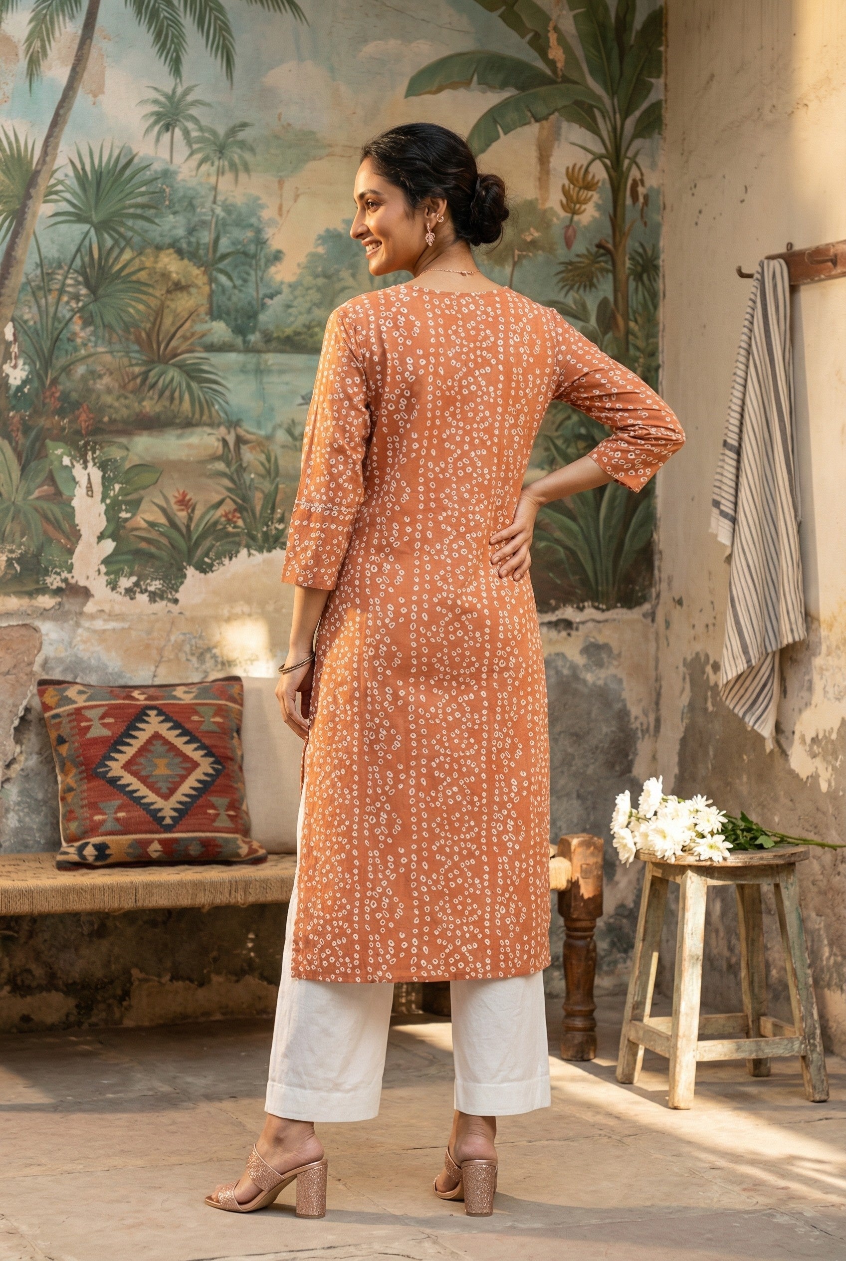 Orange V-Neck Bandhani Print Cotton Kurta For Women