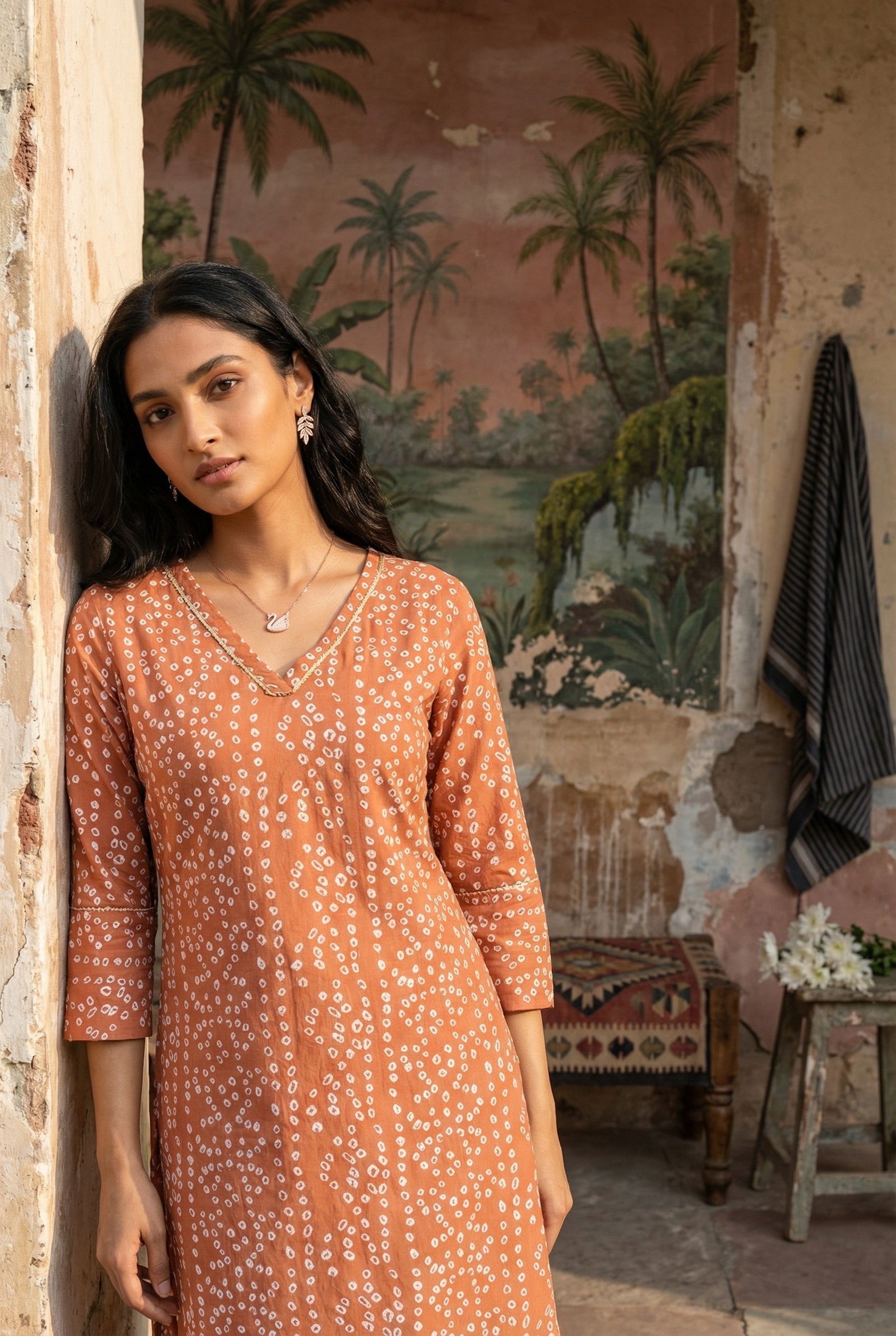 Orange V-Neck Bandhani Print Cotton Kurta For Women