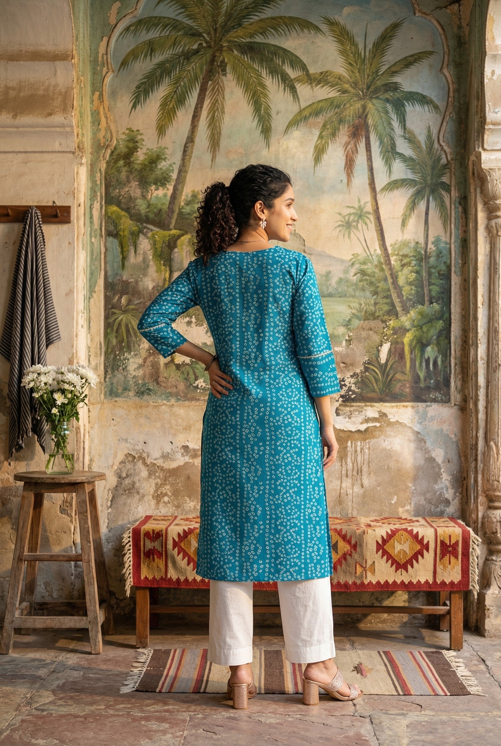 Blue V-Neck Bandhani Print Pure Cotton Kurta Set For Women
