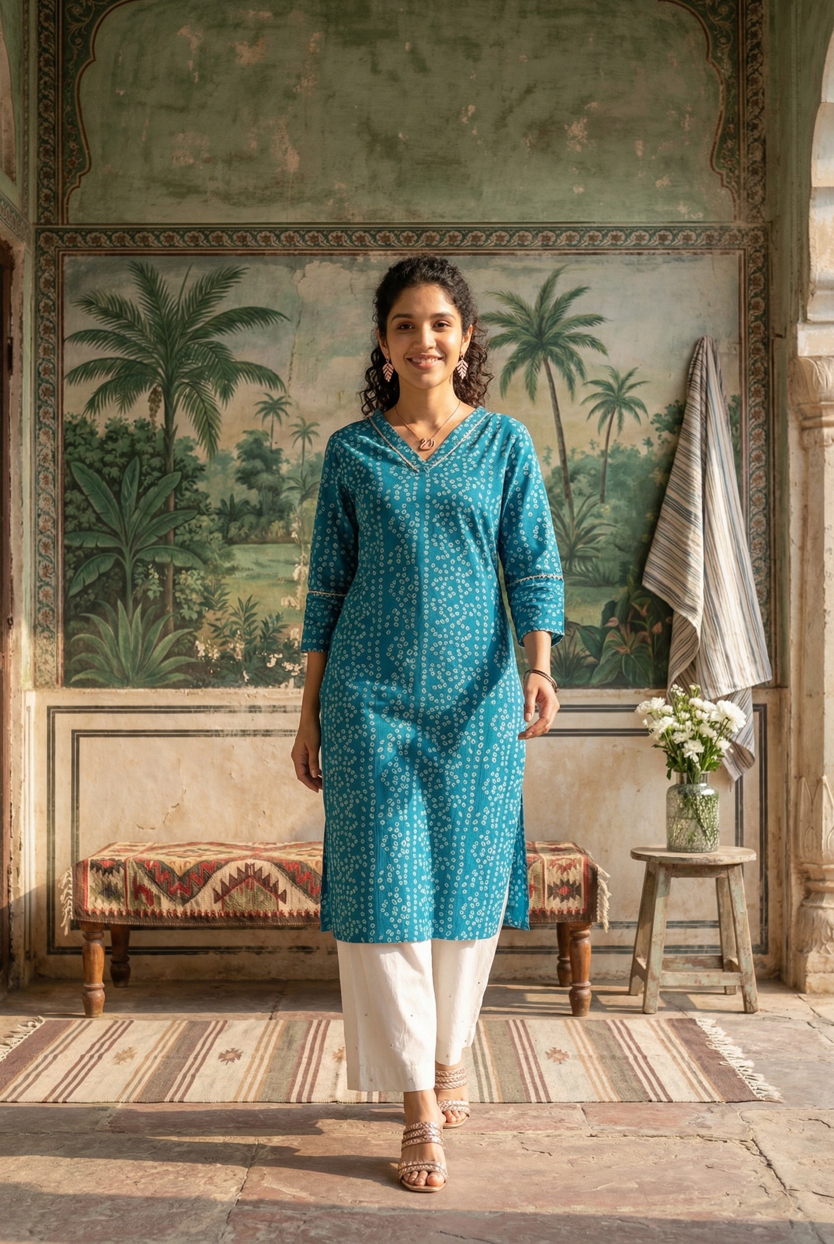 Blue V-Neck Bandhani Print Pure Cotton Kurta Set For Women