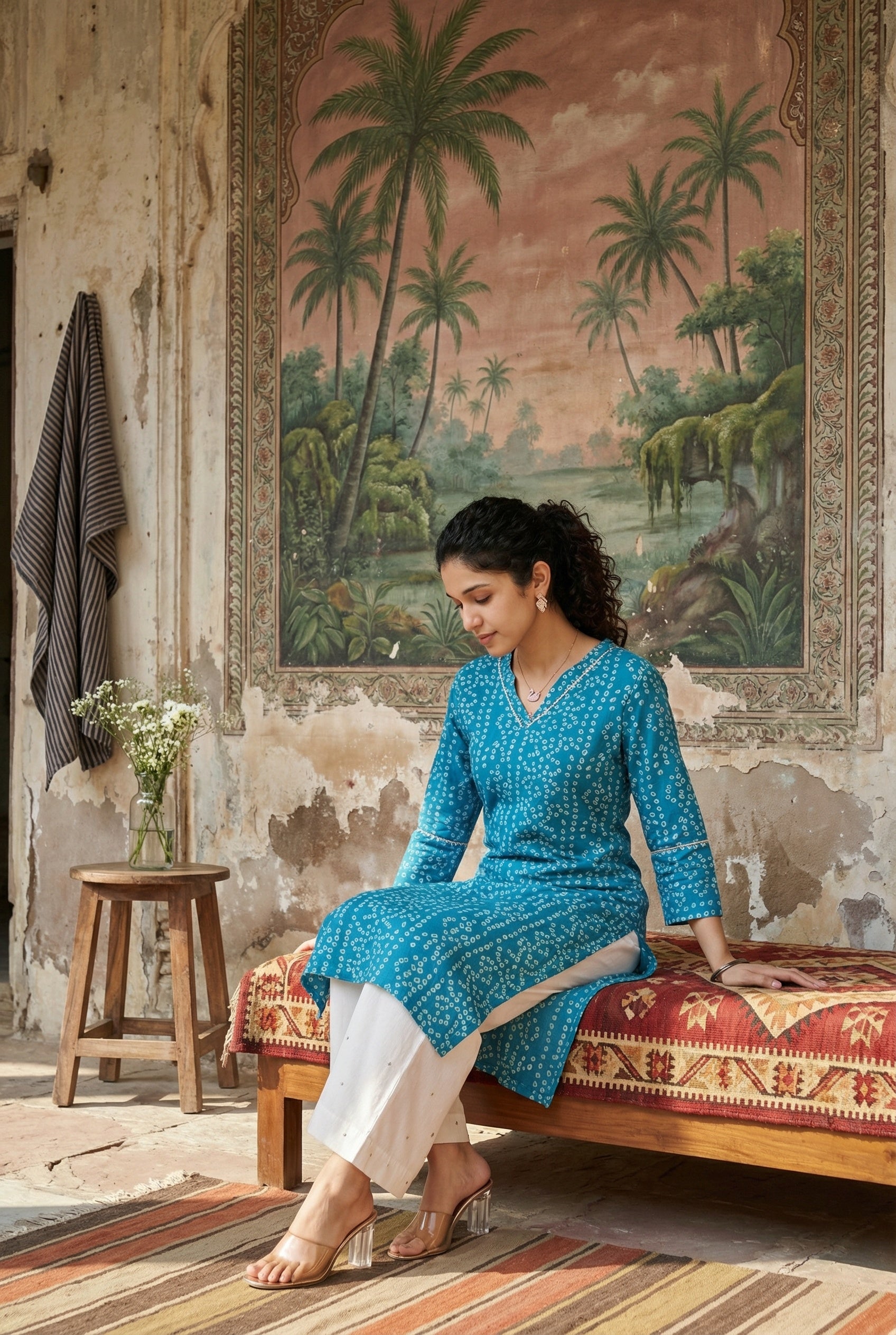 Blue V-Neck Bandhani Print Pure Cotton Kurta Set For Women