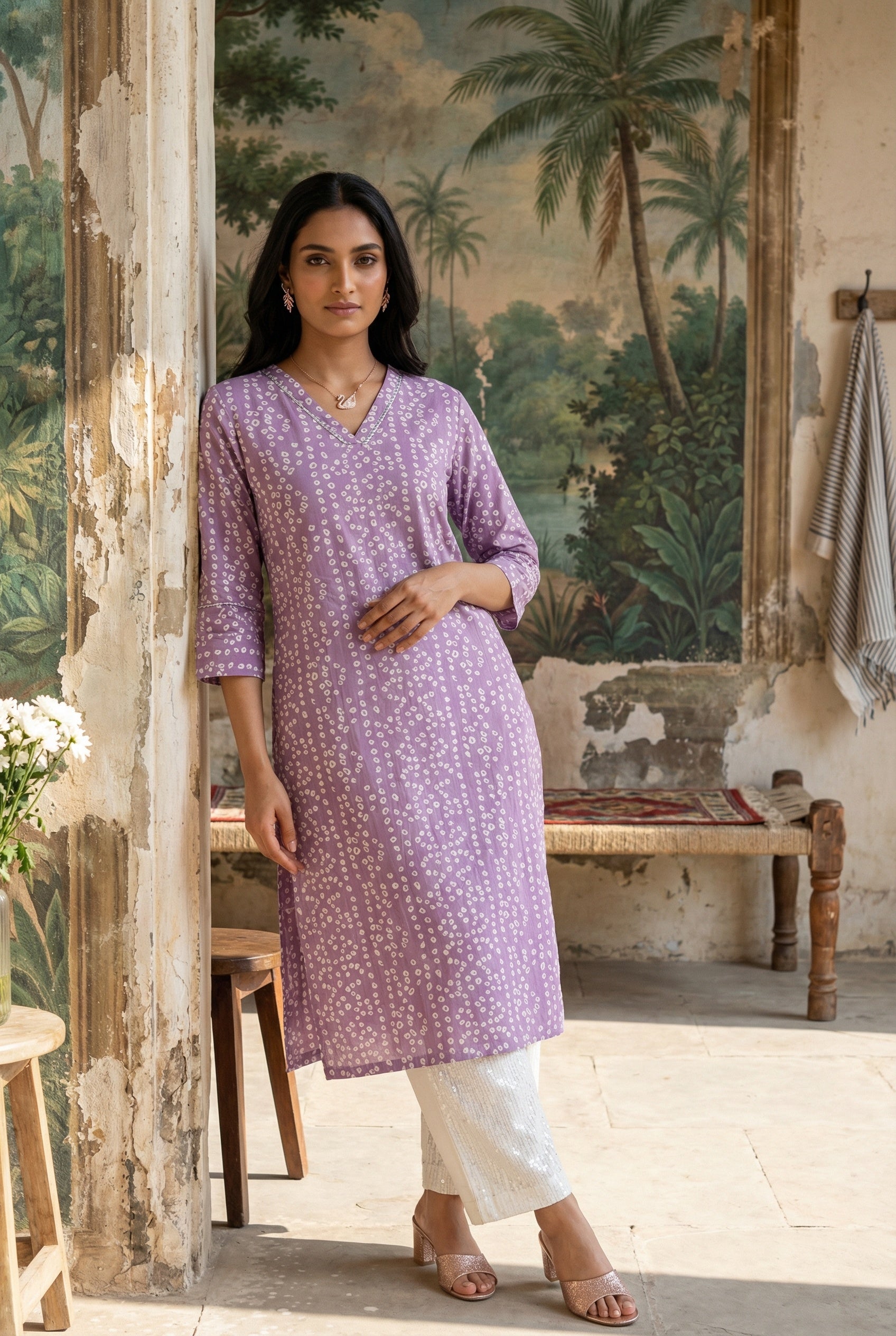 Lavender V-Neck Floral Print Cotton Kurta For Women