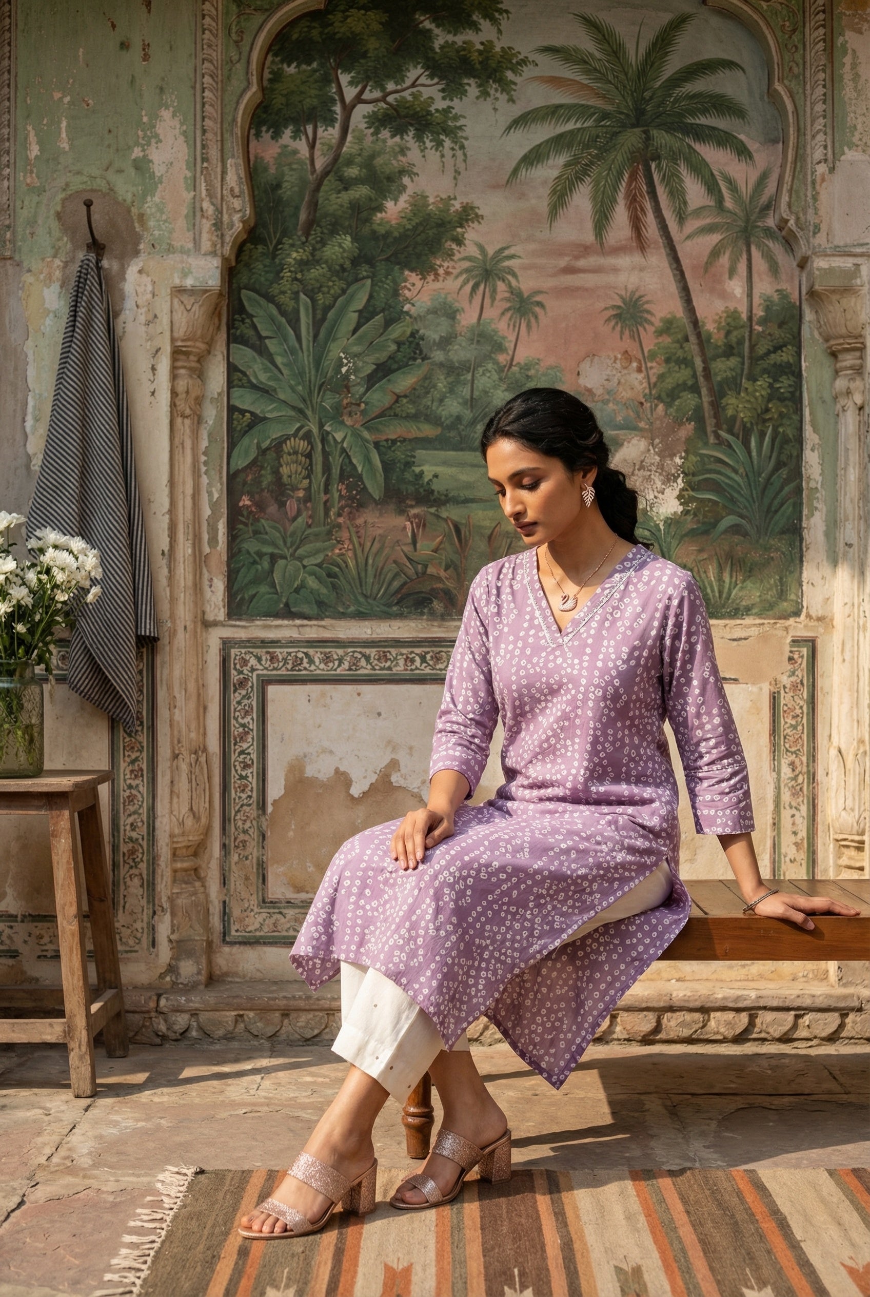 Lavender V-Neck Floral Print Cotton Kurta For Women