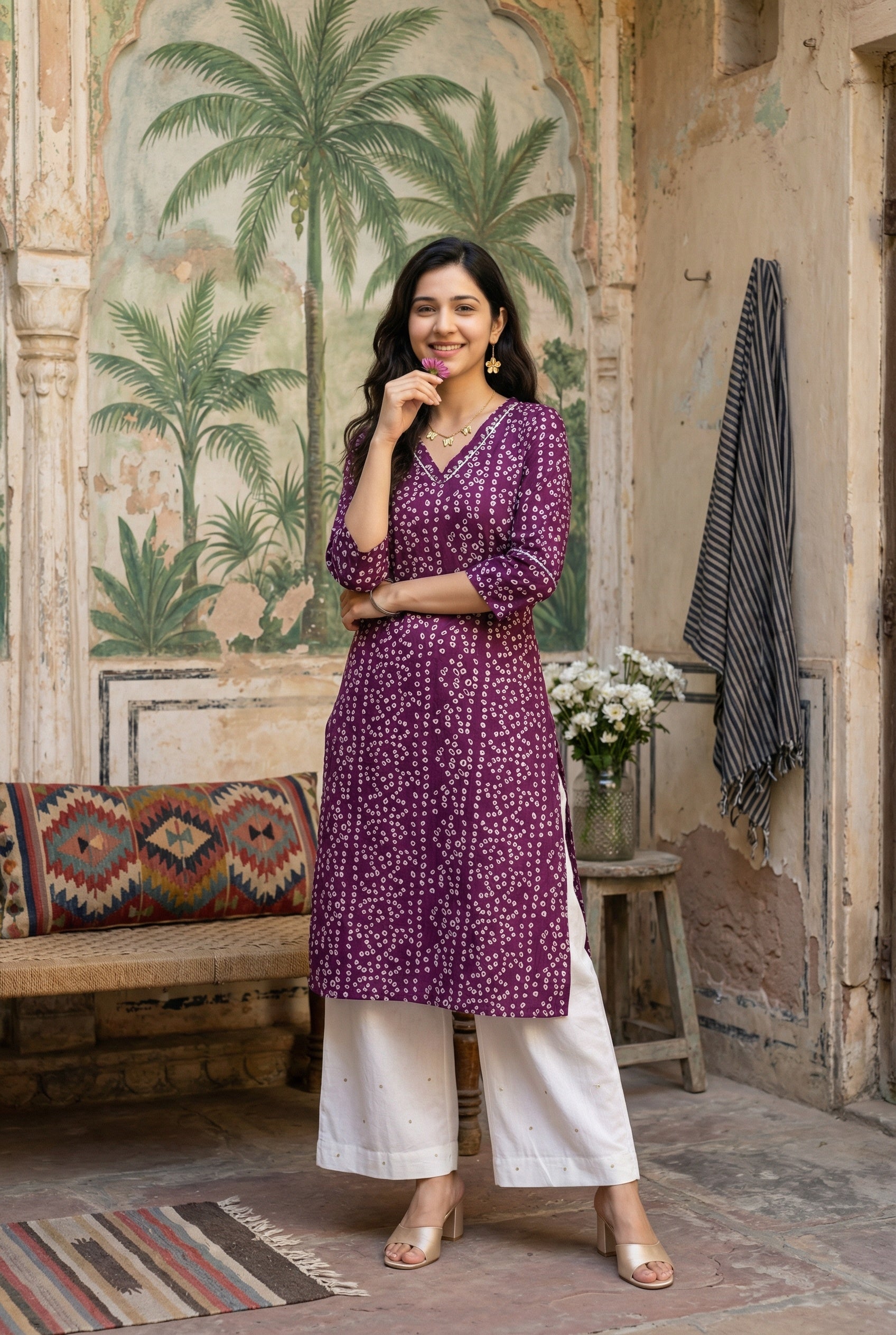 Purple V-Neck Bandhani Print Cotton Kurta For Women